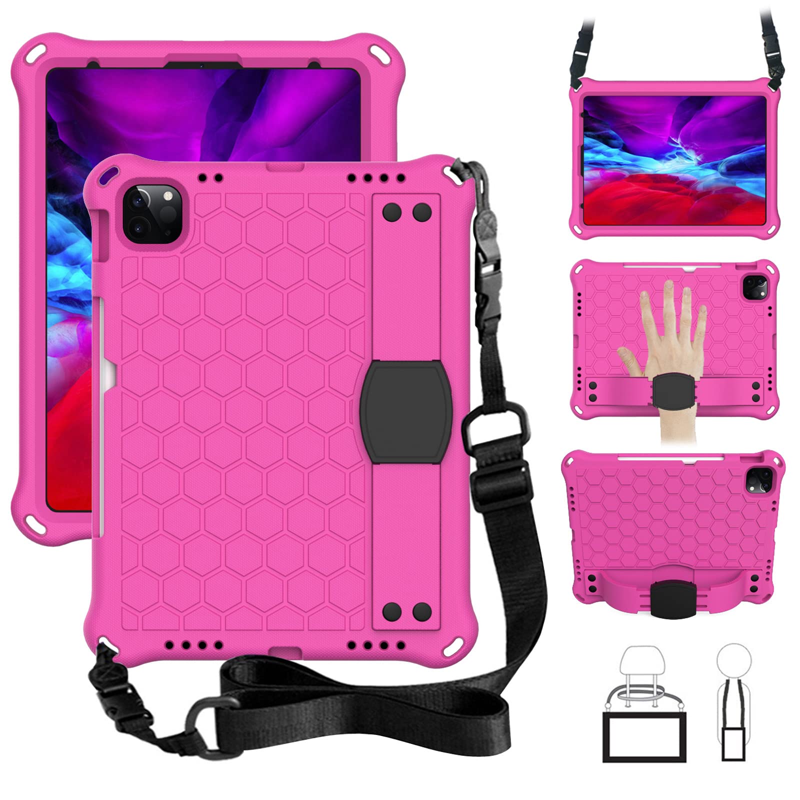 JIANXIANG iPad Pro 11 inch Case (2021/2020/2018 Models) - Shockproof Protective Cover with Pencil Holder, Adjustable Stand & Hand/Shoulder Strap (Rose/Black) - Perfect for Work, Travel & Home Use