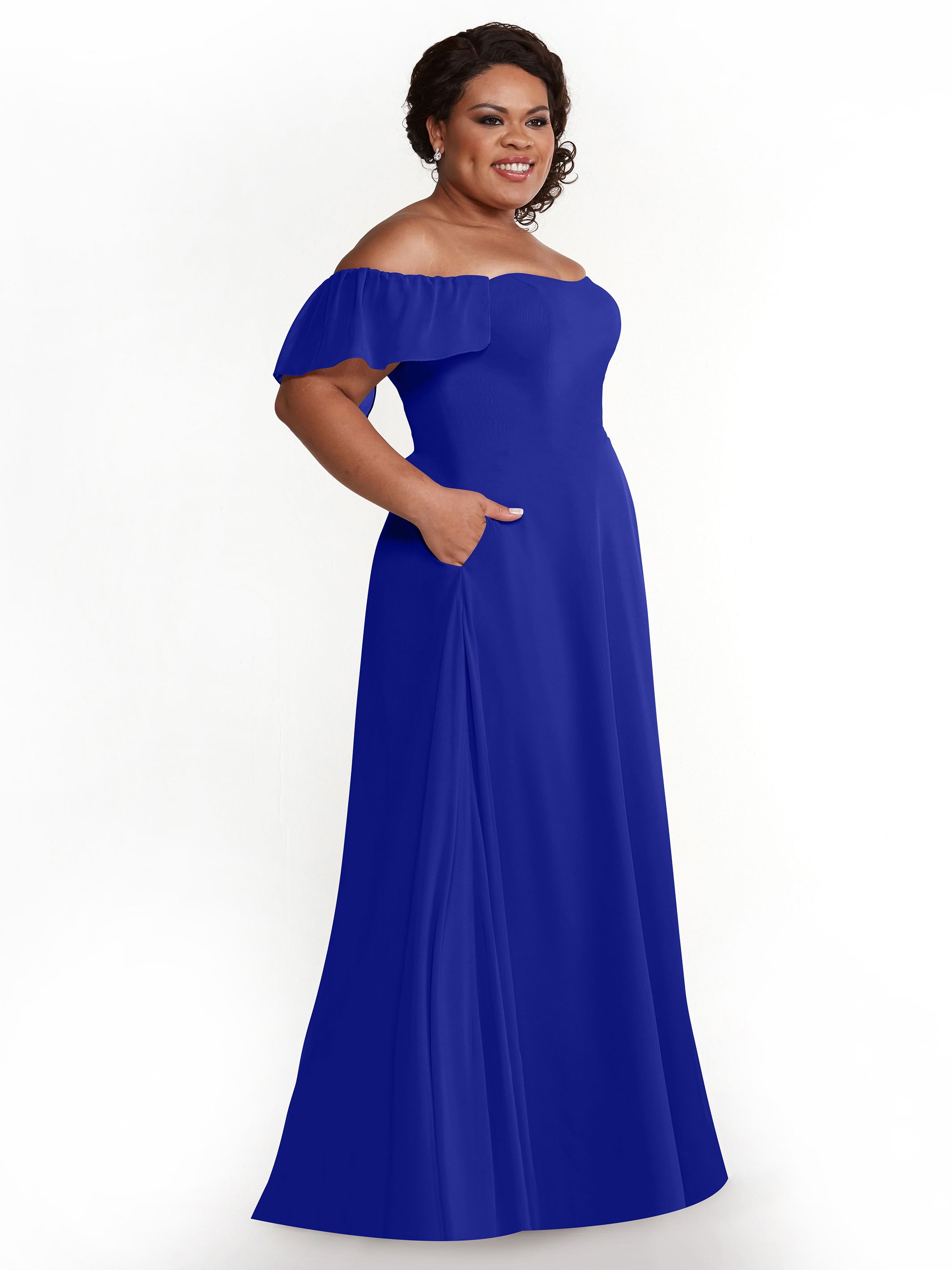 Elegant A-Line Off-The-Shoulder Chiffon Bridesmaid Dress with Pockets - Perfect for Weddings, Formal Events & Special Occasions