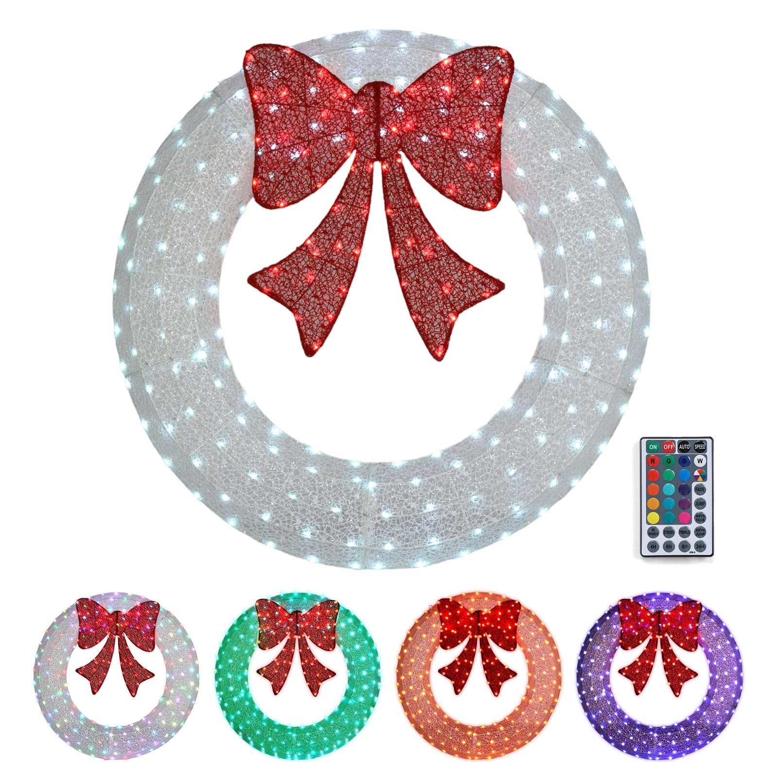 VINGLI 48 Inch Pre-lit Christmas Wreath with 224 LED Multi-Color Lights - Outdoor Holiday Decoration with Red Bow, Timer & Remote Control, Plug-in White Wreath for Front Door, Garage & Indoor Decor