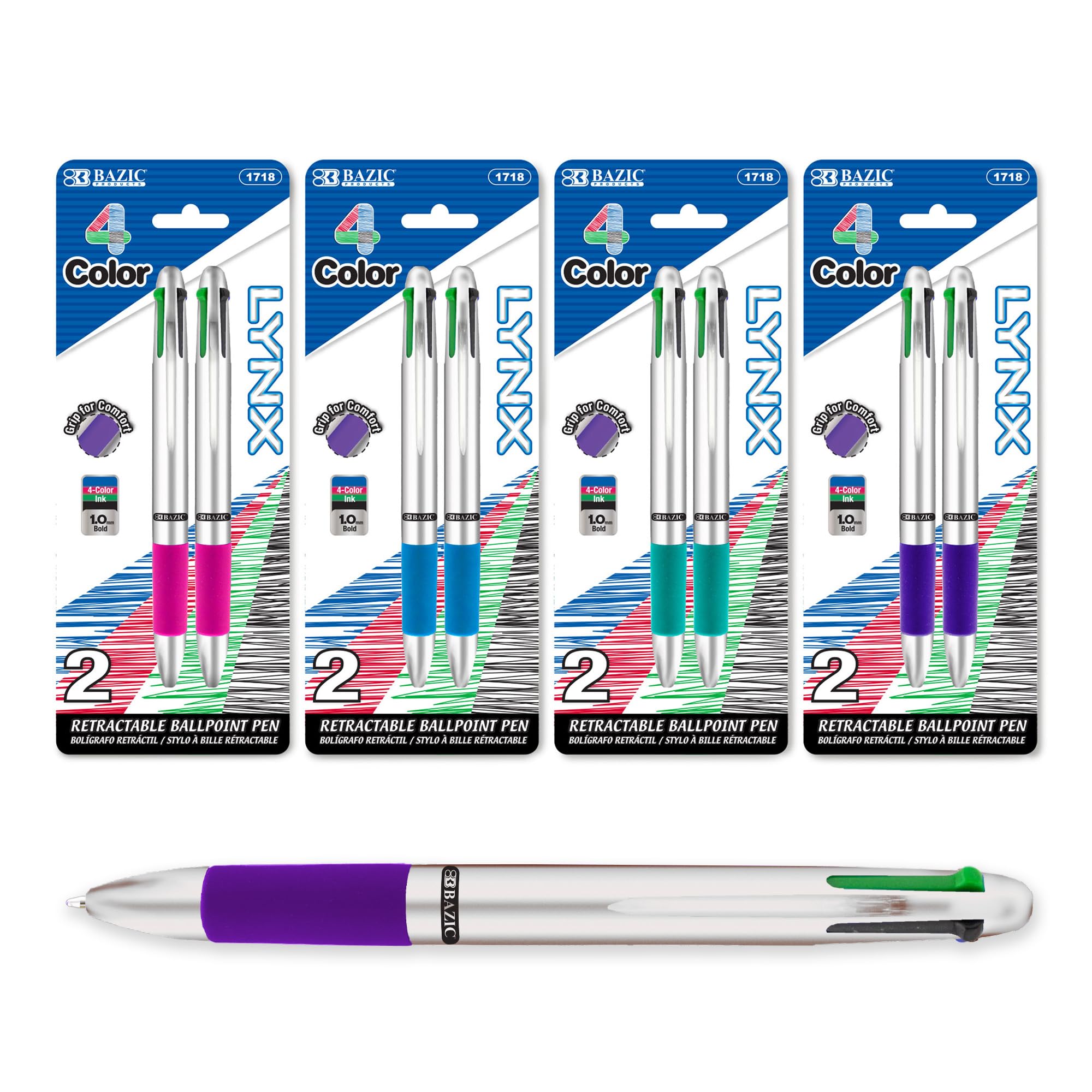 BAZIC 144-Pack Retractable Ballpoint Pens, 1.0mm Bold Point Multicolor Pens with Soft Barrel Grip for Smooth Writing - Ideal for Teachers, Students & Office Use (2 Pens per Pack)