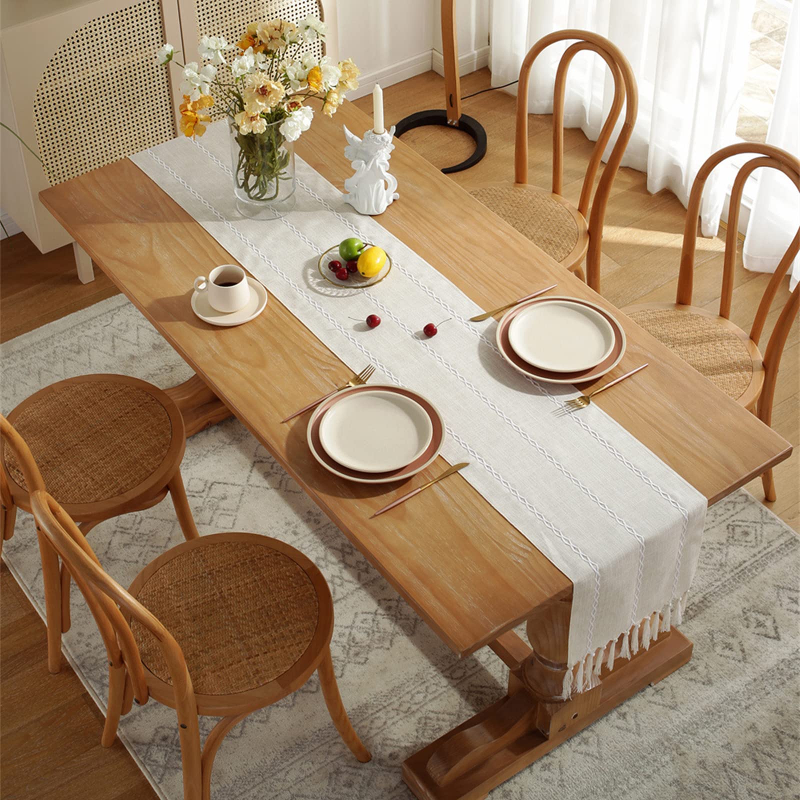 Jeloris Braided Striped Table Runner - Farmhouse Cotton Linen Tablecloth with Tassels - 12x108 Inch Cream Table Decor for Christmas, Parties, Dinner & Kitchen - Perfect for Holiday Gatherings, Birthday Celebrations & Home Decor