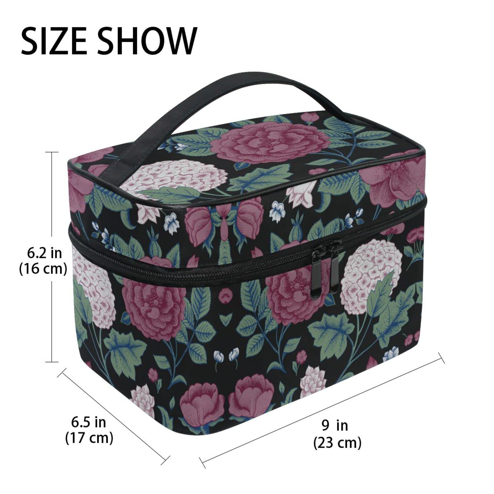 Black Floral Cosmetic Bag Organizer - Waterproof Zippered Makeup Pouch for Women & Girls | Perfect for Travel, Gym, and Daily Essentials Storage
