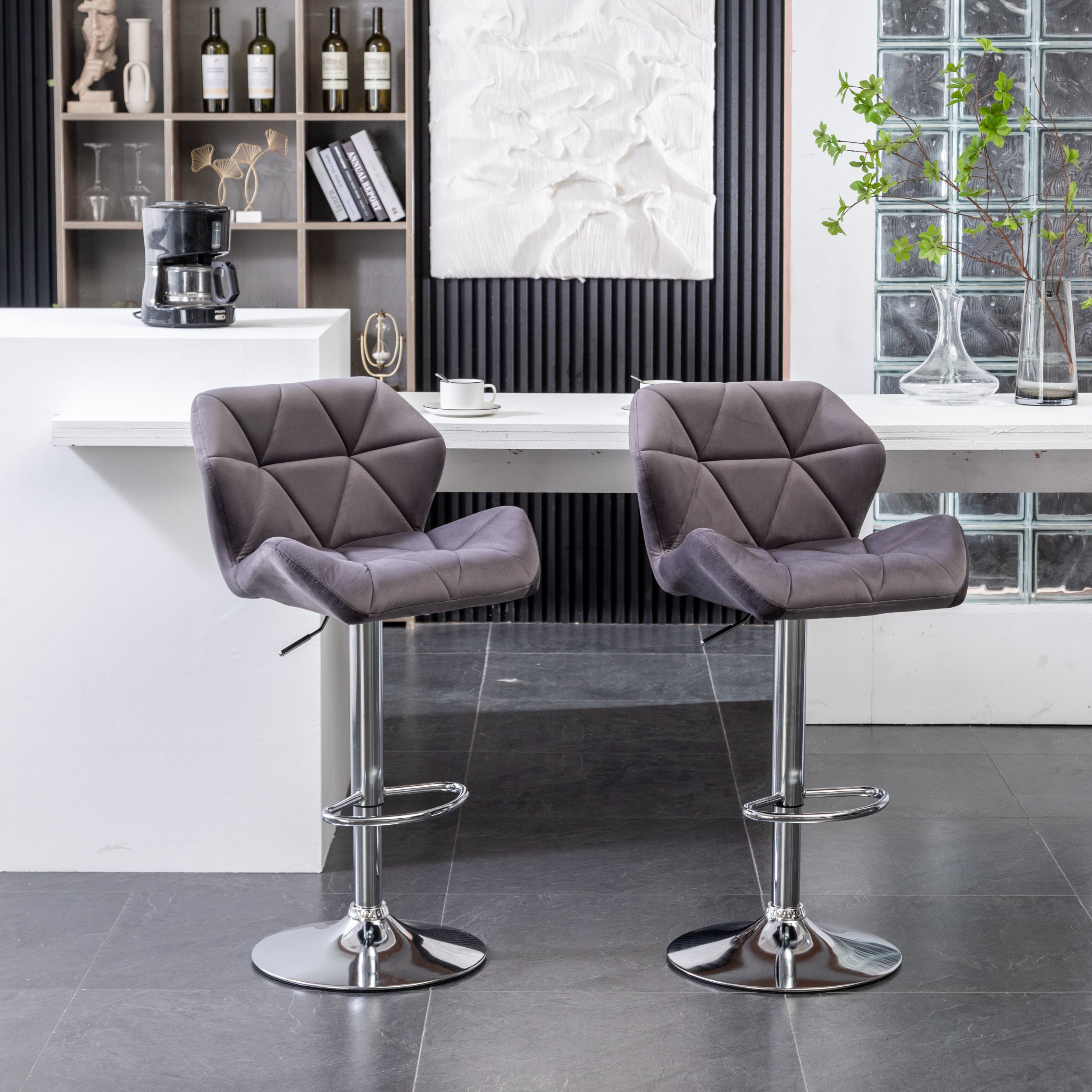 Roundhill Furniture Breni Velvet Diamond Tufted Swivel Adjustable Height Bar Stool - Set of 2, Gray - Modern Kitchen Island & Home Bar Seating for Dining & Entertaining