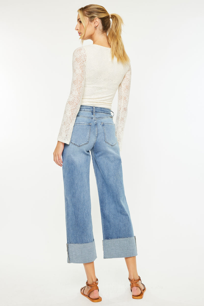 Leslie Essentials High Rise Crop Wide Leg Jeans for Women - Comfortable Stretch Denim Pants for Casual Wear, Street Style & Everyday Outfits