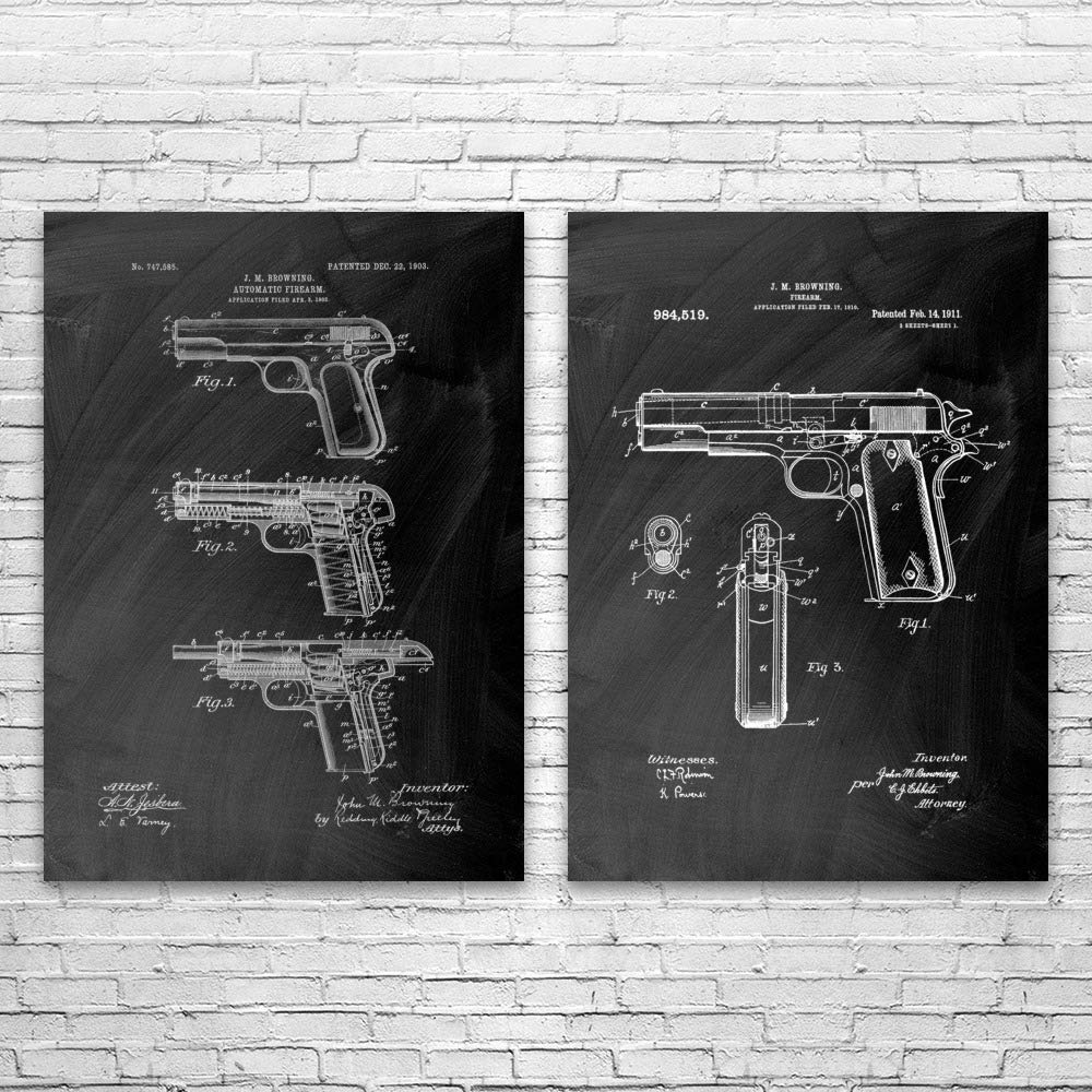John Browning Pistol Patent Prints - Set of 2 Gun Blueprint Wall Art (8x10 Inches, Black) | Perfect for Gun Club Decor, Law Enforcement Gifts & Military Home Office Decor