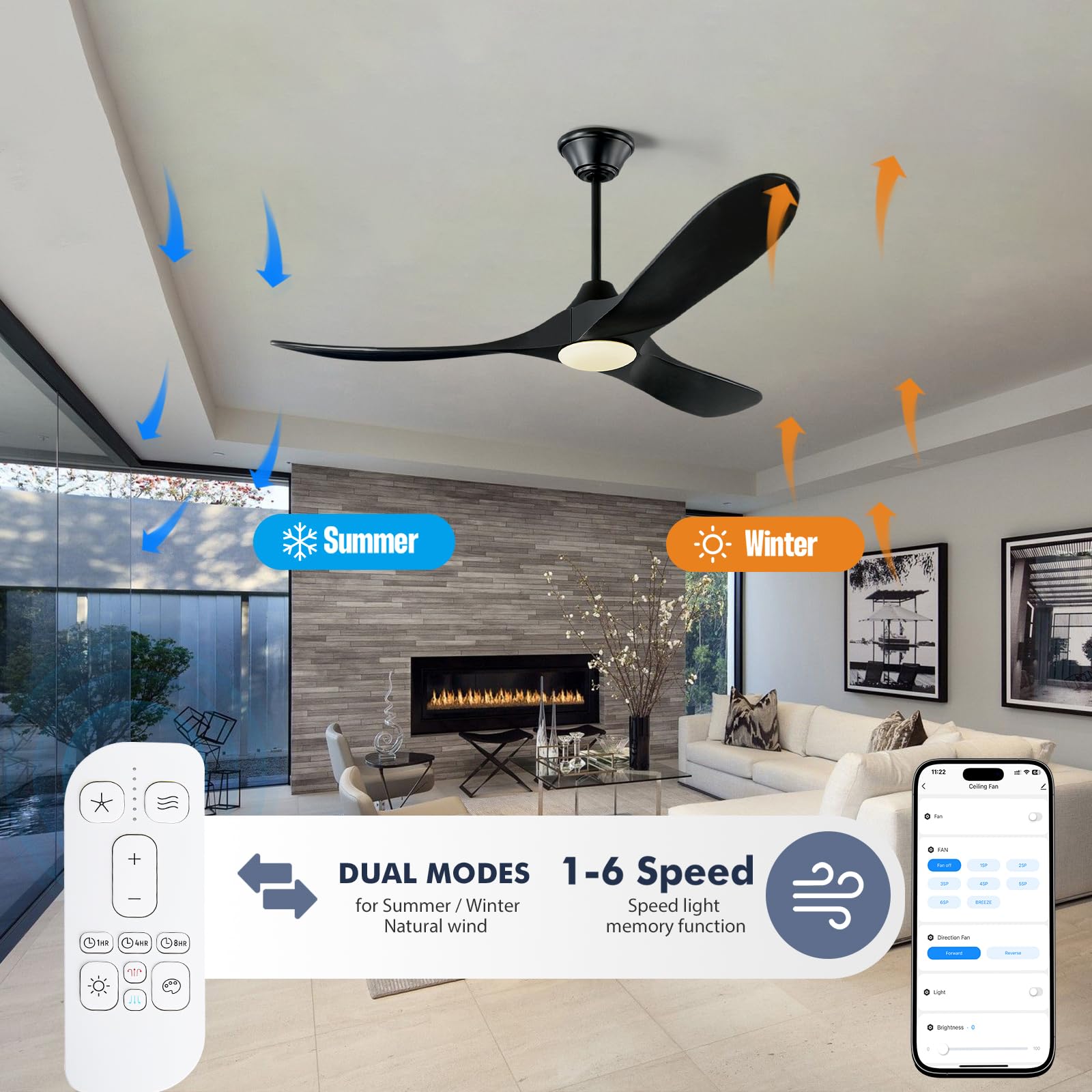 52 Inch Black Smart Ceiling Fan with LED Lights - Outdoor/Indoor Modern Wood Blades Fan - Quiet Reversible DC Motor - Alexa/App/Remote Control - Perfect for Patio, Living Room, Bedroom & Covered Porch