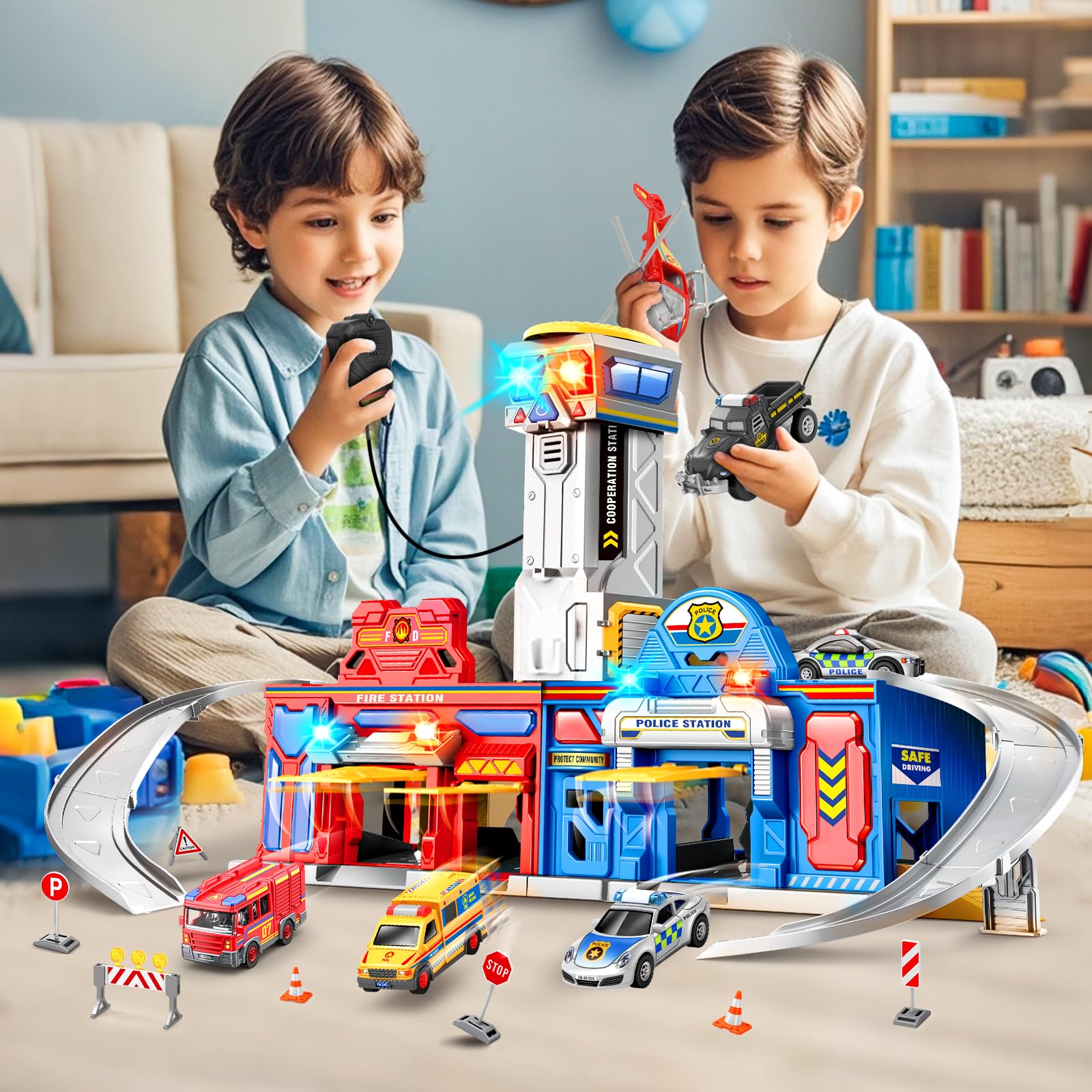 29.5'' Large City Action Rescue Vehicle Playset with Lights & Sounds - Police & Fire Station Transform Track with 4 Cars & Helicopter - STEM Learning Toys for 3-6 Year Old Boys & Girls - Perfect for Birthday Gifts & Pretend Play Scenarios