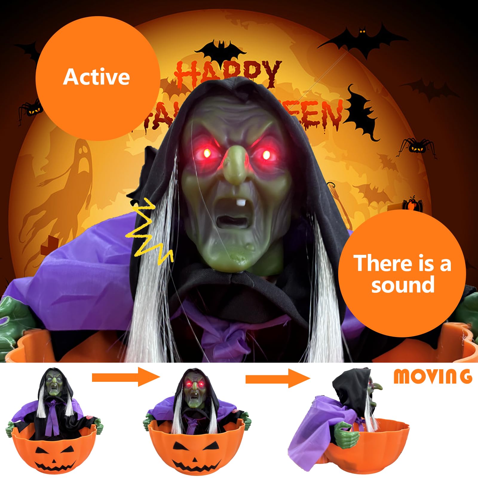 Halloween Animated Skeleton Candy Bowl with Motion Sensor - Screaming Witch Candy Dish with LED Red Eyes & Spooky Sounds | Perfect for Trick-or-Treating, Haunted House Parties & Scary Halloween Decorations