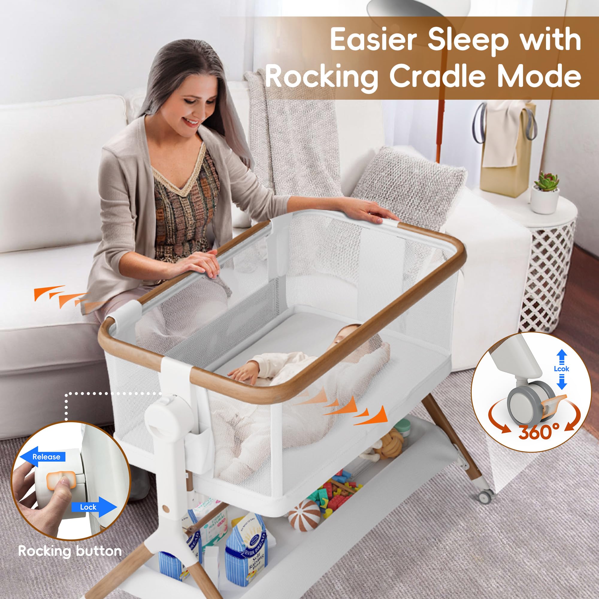 **3-in-1 Adjustable Baby Bassinet with Breathable Mesh & Wheels – Portable Rocking Crib for Newborns, Bedside Sleeper with 6 Height Settings – Perfect for Nursery, Travel & Co-Sleeping**