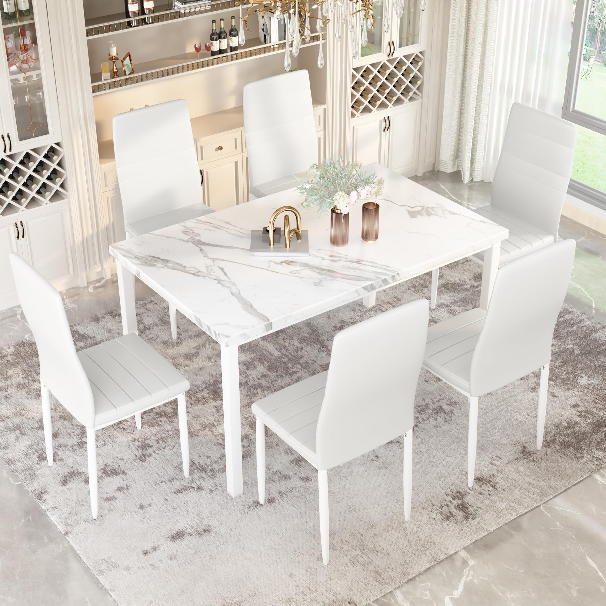 Recaceik 7-Piece White Dining Table Set for 6 People - Modern Faux Marble Kitchen Table & Chairs - Space-Saving Breakfast Nook Set for Small Spaces - Perfect for Family Meals, Dinner Parties & Cozy Kitchen Gatherings