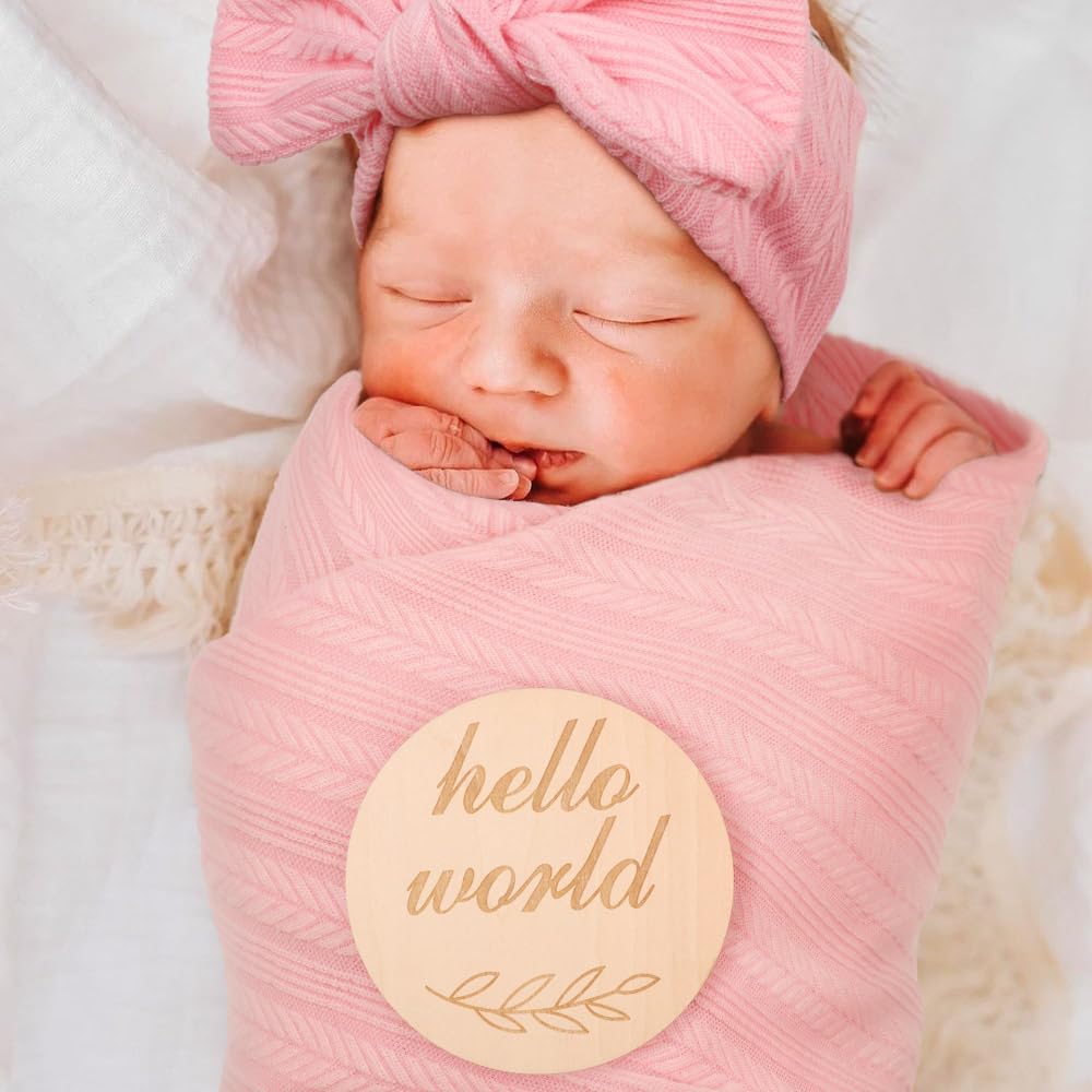 BQUBO 4PCS Baby Swaddle Blankets for Newborn Girls - Soft Cotton Receiving Blankets with Matching Hat & Bow Headband - Includes Hello World Wooden Birth Announcement Card - Perfect for Nursery, Photo Shoots & Baby Showers (Pink)