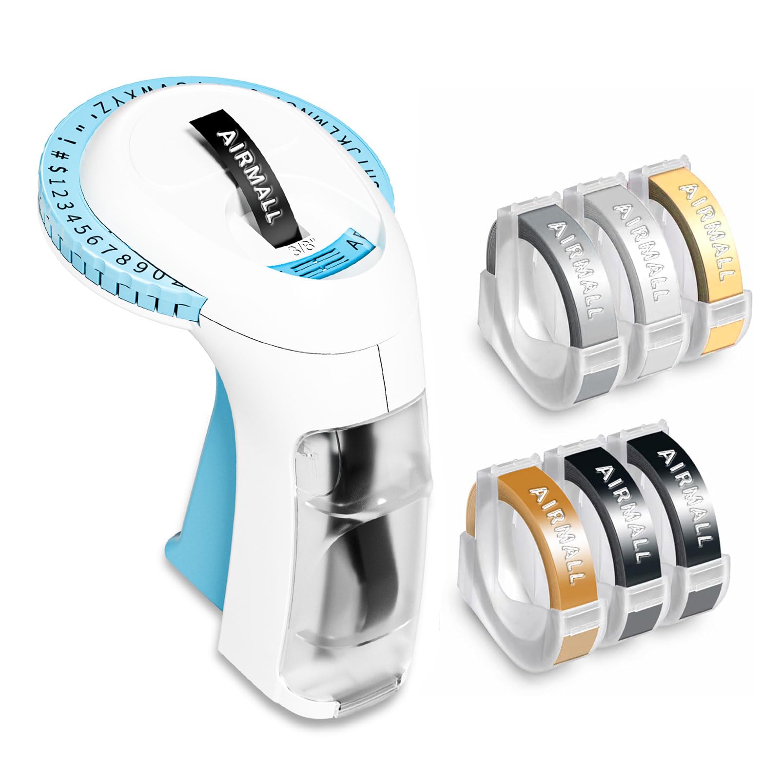 Vintage 3D Handheld Embosser Label Maker - Airmall Omega S Manual Portable Label Printer with 6 Tapes | Perfect for Home, School, Kitchen Organization & DIY Craft Projects | Blue Embossed Labeling Machine for Office Supplies, Pantry Storage & Gift Tagging