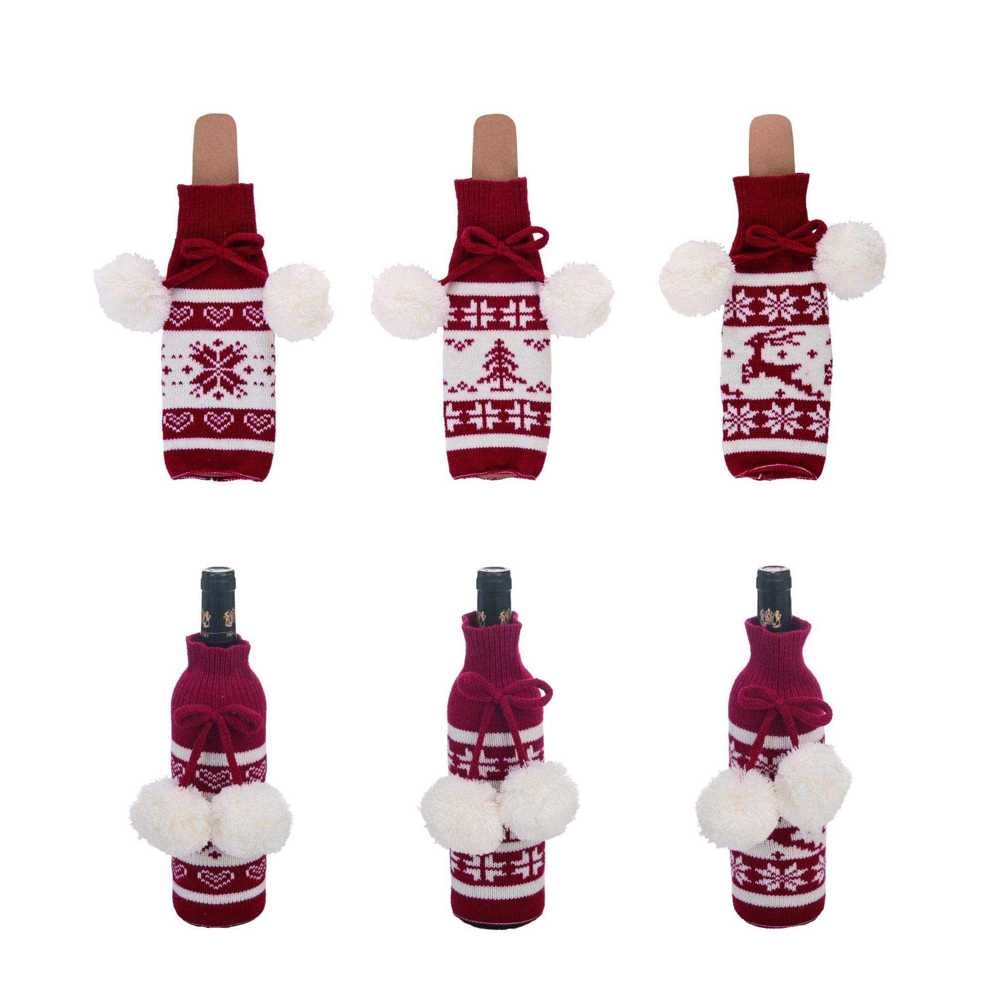 Premium Set of 3 Elegant Red & White Wine Gift Bags - 11 Inch Christmas Wine Bottle Holders for Holiday Parties, Gifts & Festive Decorations