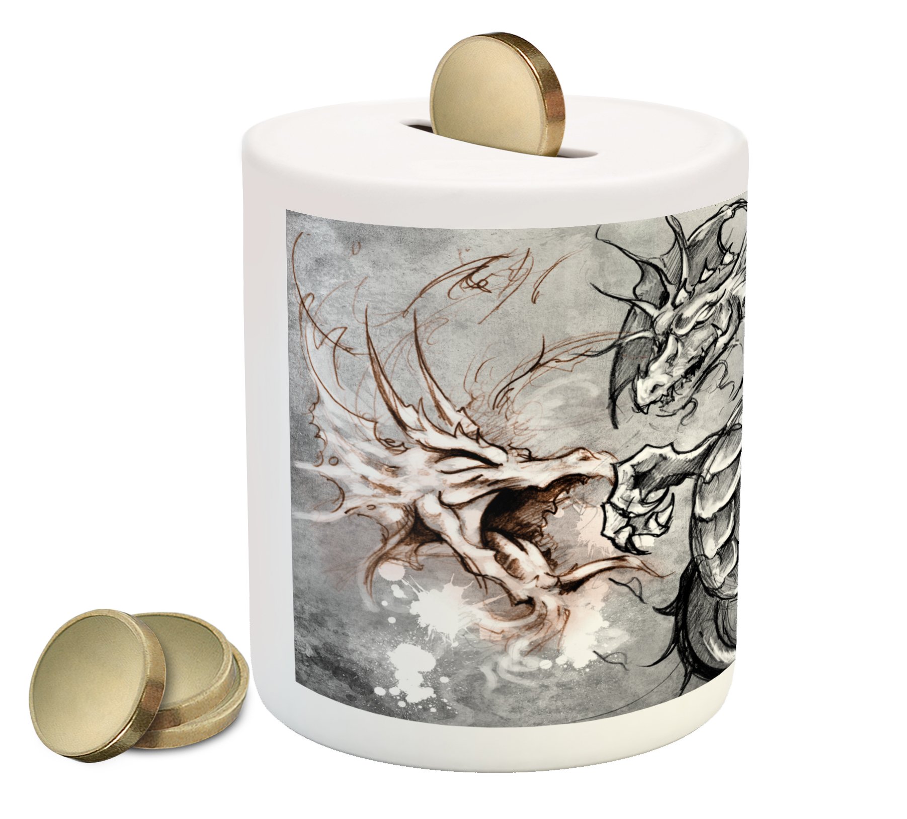 Ambesonne Dragon Piggy Bank - Gothic Horror Sketch Design Ceramic Money Box for Cash Saving | Unique Monster Tattoo Art Coin Bank | Perfect for Halloween Decor, Gothic Home Decor & Collectors Gift (Grey Umber)