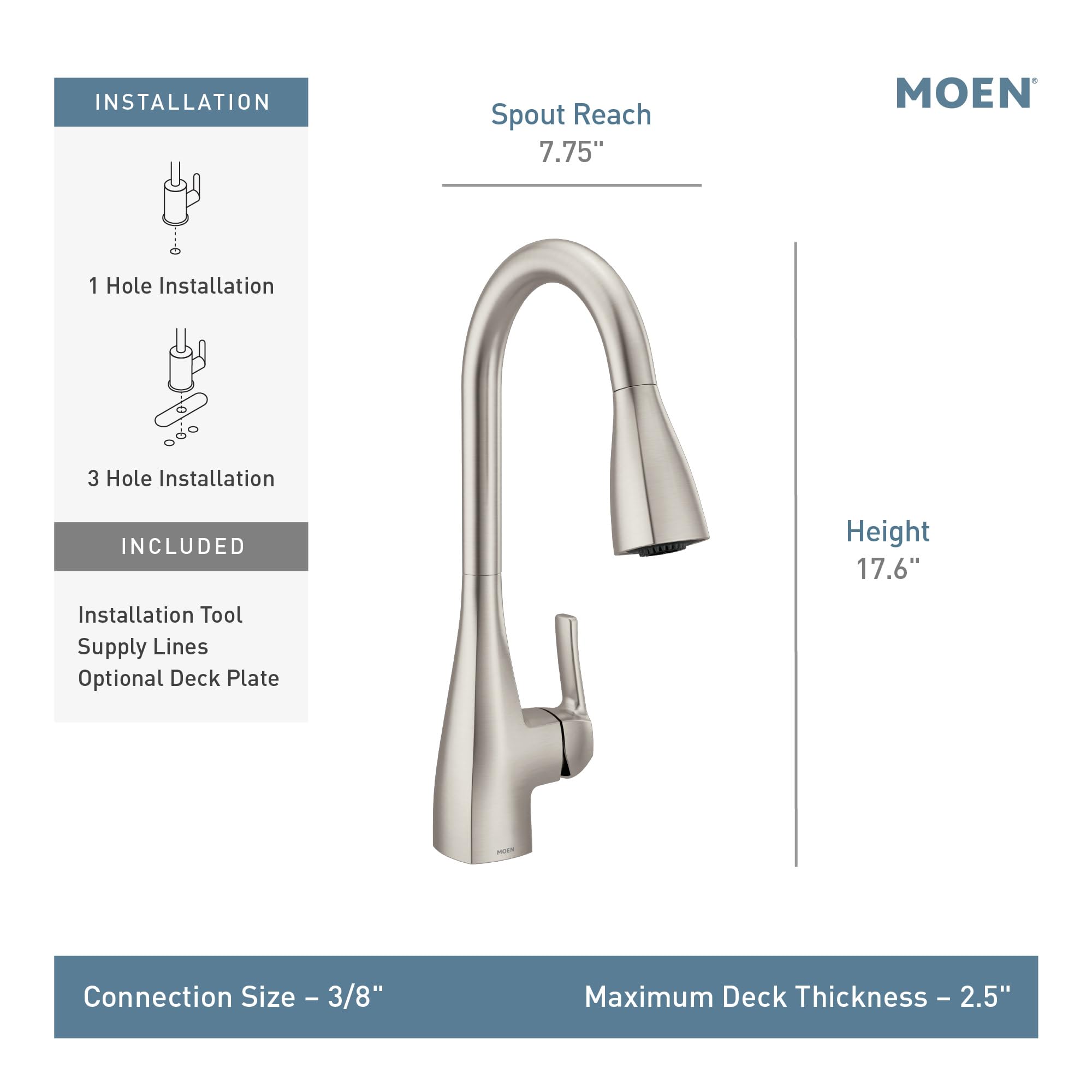 Moen Kiran One Handle Pulldown Kitchen Faucet - Spot Resist Stainless Steel (Model 87599SRS) - Perfect for Modern Kitchens, Dishwashing & Food Prep
