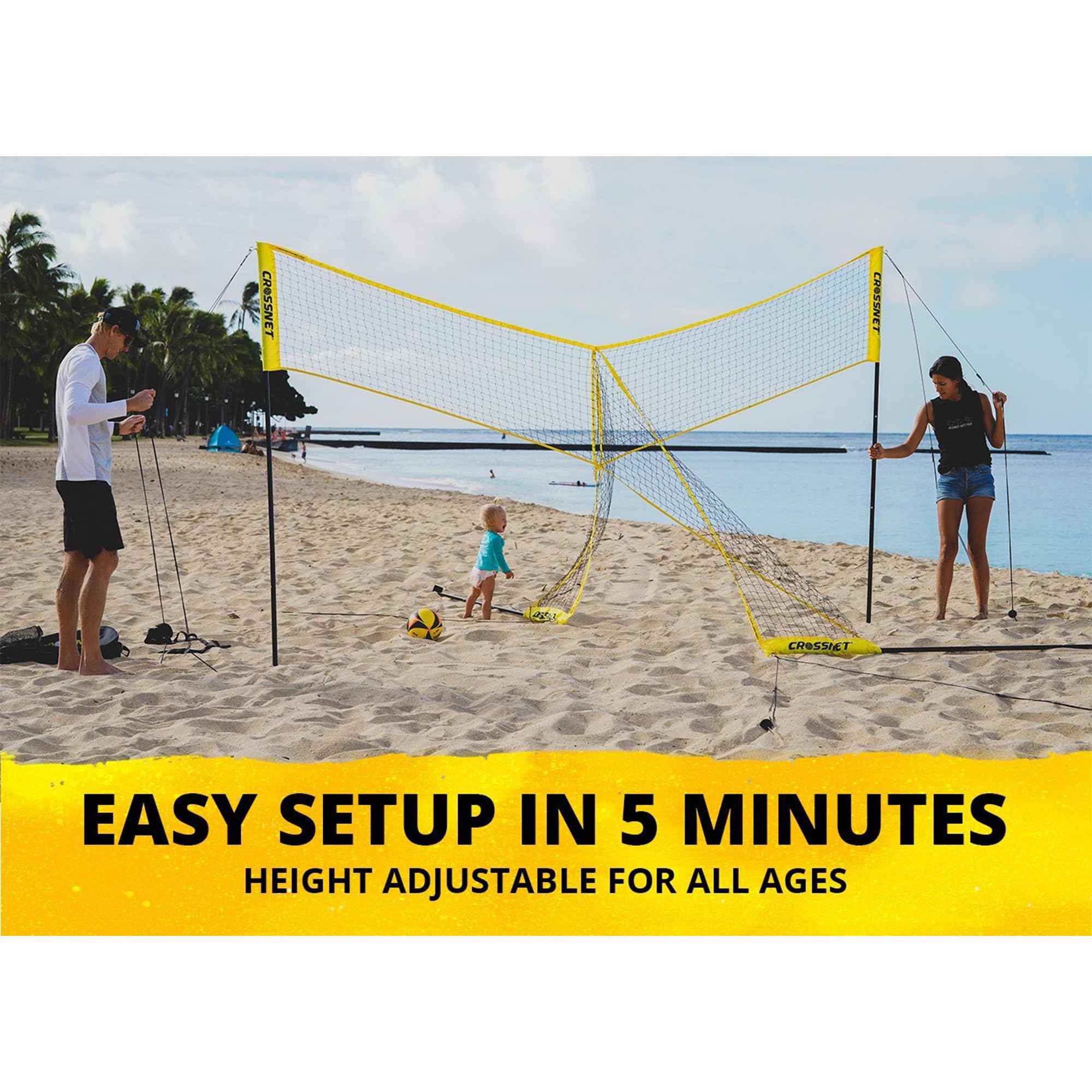 Crossnet Quick Assemble 4 Square Volleyball Game Set with Net, Backpack & Ball - Outdoor Sports Equipment for Adults & Kids - Perfect for Beach, Backyard, Park and Family Gatherings