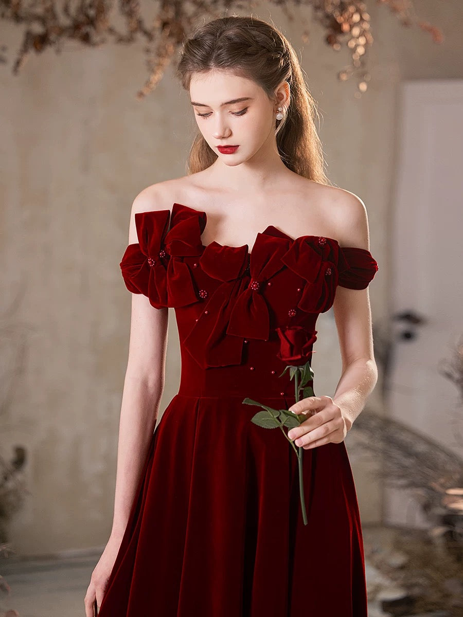 Elegant A-Line Off Shoulder Velvet Burgundy Long Prom Dress for Women - Formal Evening Gown for Homecoming, Wedding, and Special Occasions