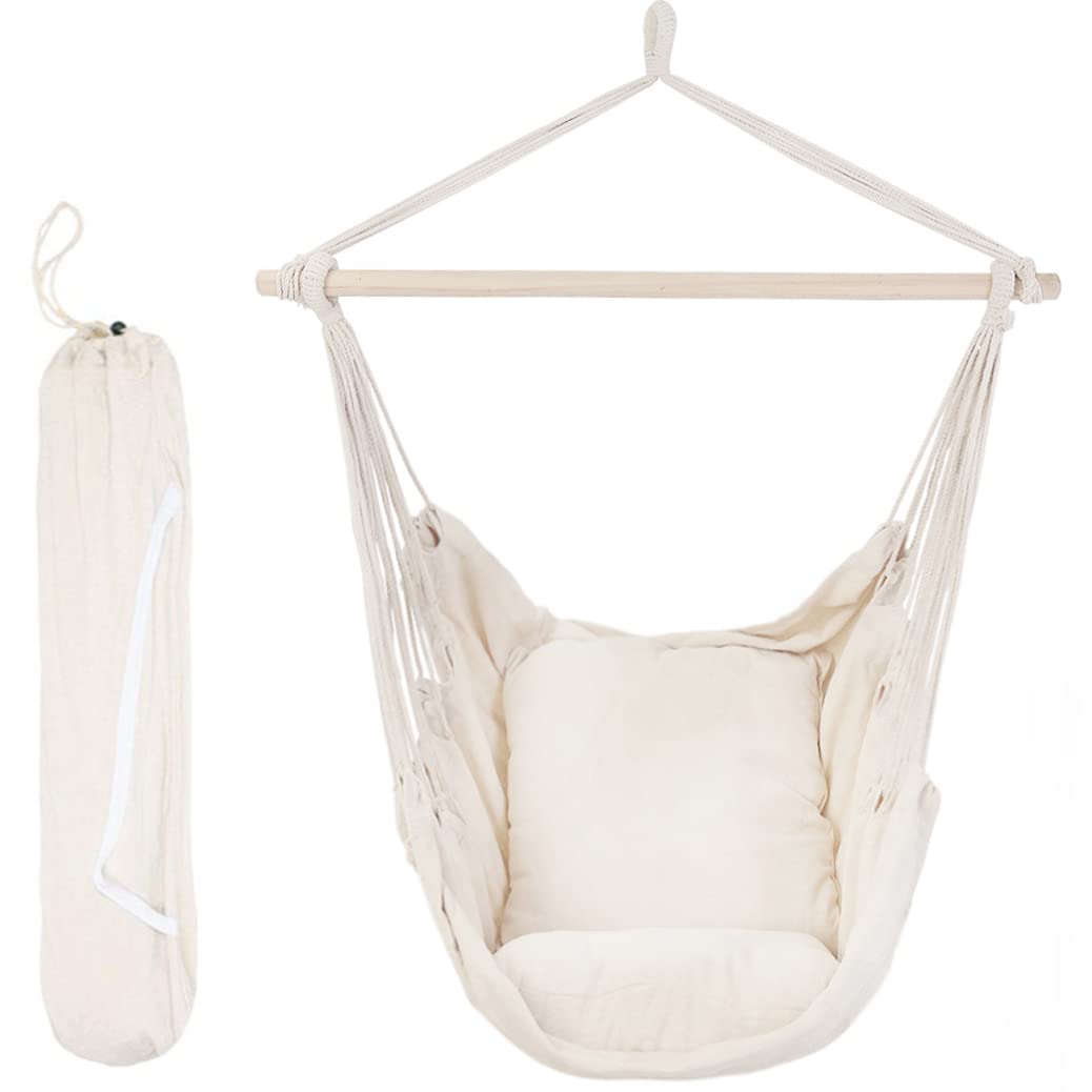 HARBOURSIDE Hammock Chair with 2 Seat Cushions & Carrying Bag - 330 lbs Capacity Cotton Rope Swing Chair for Indoor, Outdoor, Porch, Backyard - Comfortable & Durable Beige Hanging Chair for Relaxation, Reading & Lounging