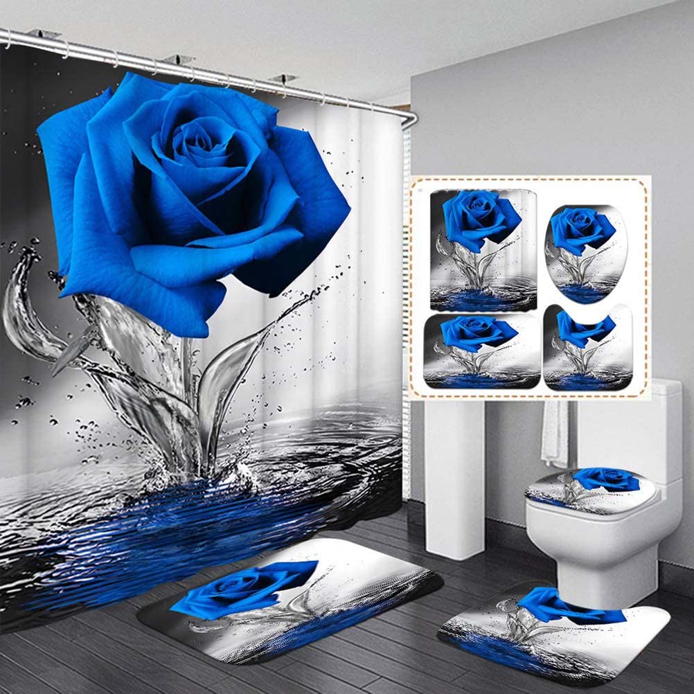 Blue Rose Shower Curtain Set with Non-Slip Bath Mat & Toilet Lid Cover - Romantic Floral Bathroom Decor for Valentine's Day - Machine Washable Polyester Fabric - Perfect for Master Bath, Guest Bath & Apartment Decor