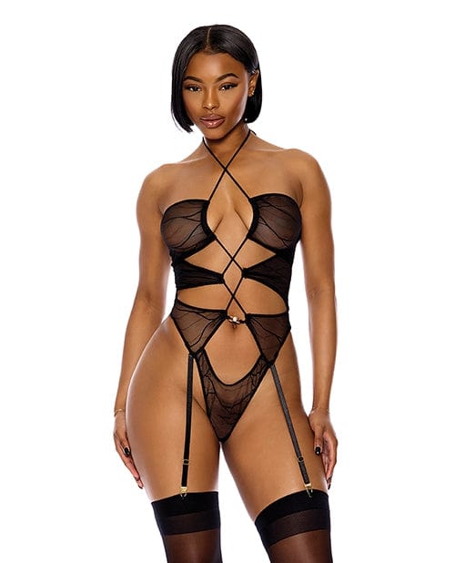 Sheer Black Wave Mesh Halterneck Teddy with Garters - Sexy Lingerie for Women, Size XL (Bust 38-40) | Perfect for Valentine's Day, Boudoir Photography & Romantic Nights
