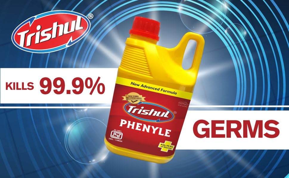 Trishul Black Phenyl Liquid Floor Cleaner - Powerful Disinfectant for Home, Hospital & Office Use | Kills 99.9% Germs, Bacteria, Flies & Mosquitoes | ISI Certified 1L Surface Cleaner | Ideal for Schools, Washrooms & High-Traffic Areas