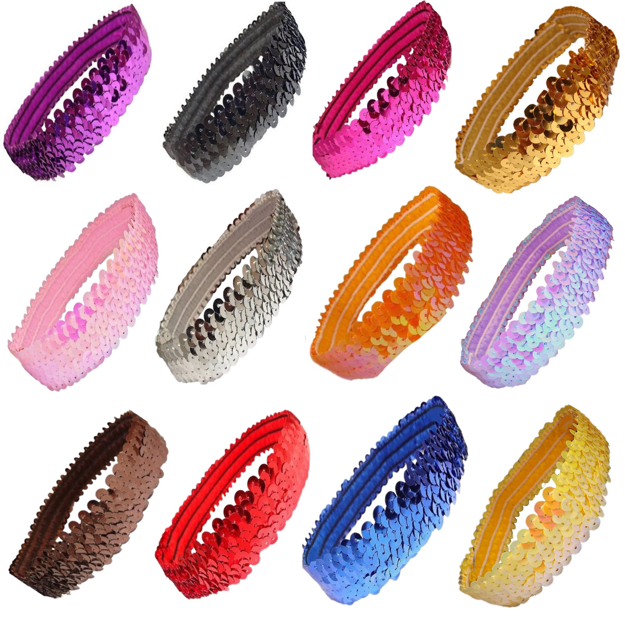 Kenz Laurenz Sequin Headband Pack of 12 - Glitter Elastic Stretch Sparkly Fashion Headbands for Women, Teens & Girls - Perfect for Volleyball, Basketball, Sports Teams & Everyday Hair Accessories