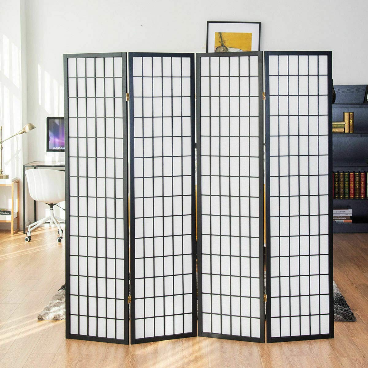 4-Panel Wooden Room Divider Folding Privacy Screen - Black Freestanding Partition for Bedroom, Living Room & Office - Space Separator with Bonus Ebook Guide for Home Decor