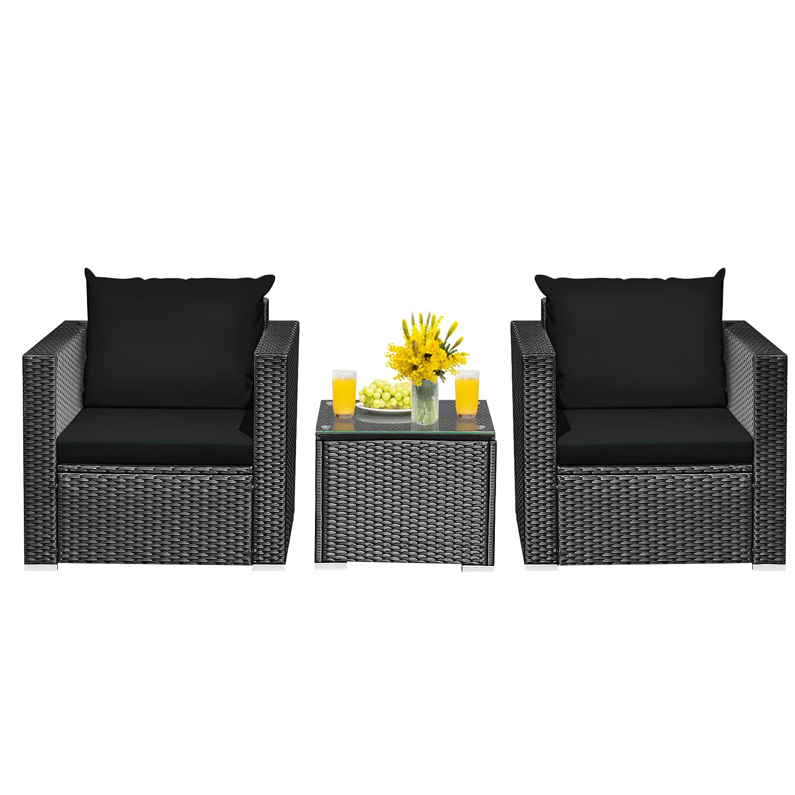 HAPPYGRILL 3-Piece Rattan Wicker Patio Furniture Set with Coffee Table & Cushions - Outdoor Conversation Sofa Set for Garden, Balcony, Porch, Poolside - Perfect for Relaxing, Entertaining & Outdoor Lounging