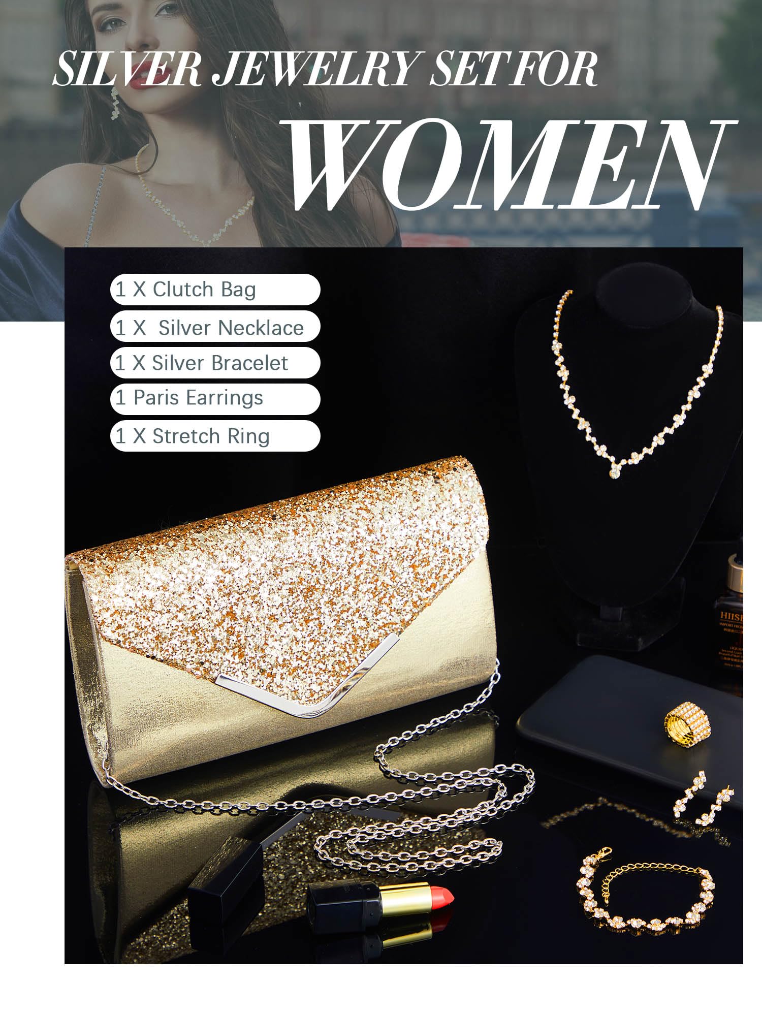 Henoyso 5-Piece Rhinestone Jewelry Set for Women - Elegant Necklace, Earrings & Bracelet Set with Matching Clutch Purse - Perfect for Bridal, Prom, Wedding & Formal Events