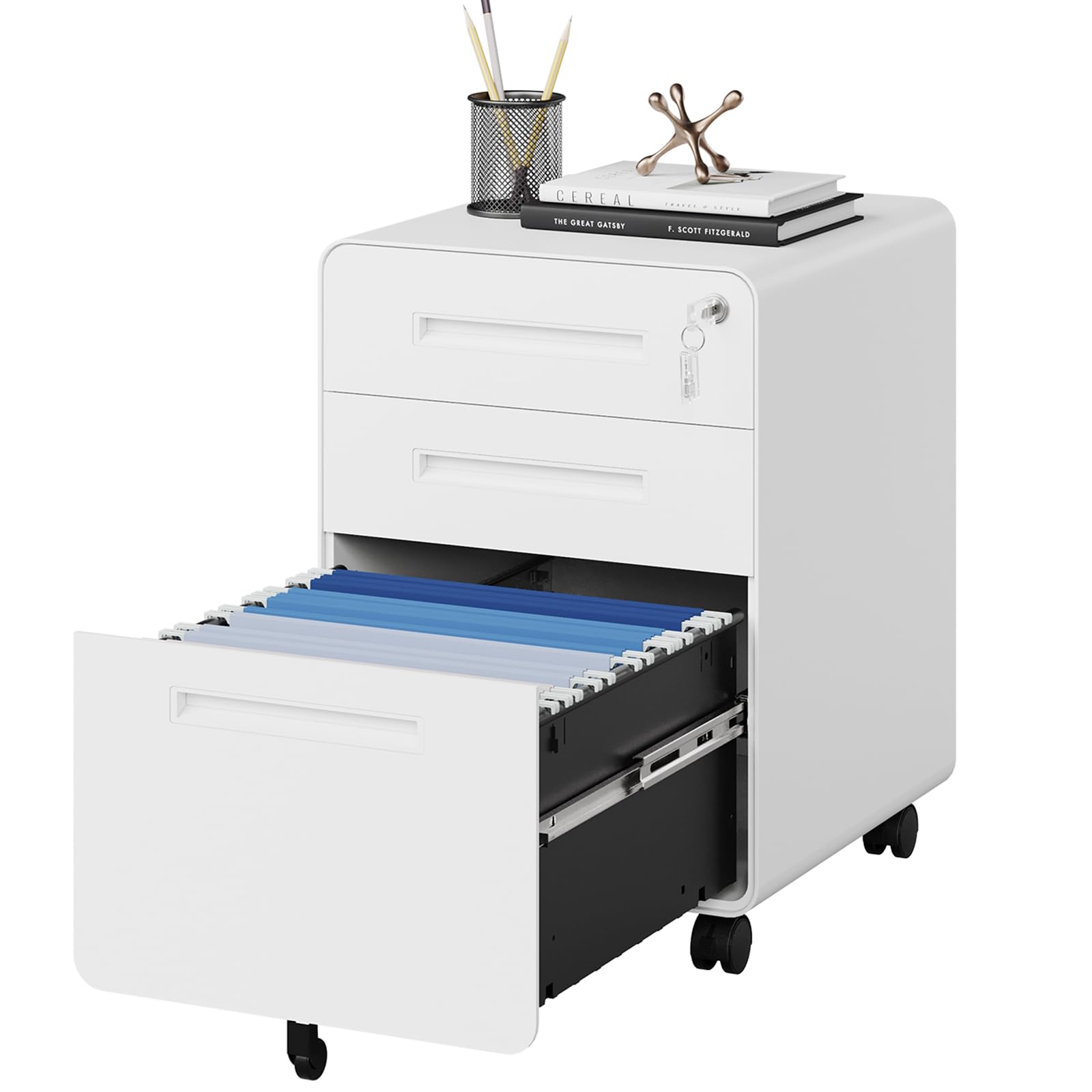 MIIIKO 3-Drawer Mobile File Cabinet with Lock, White Small Under Desk Storage for Home Office - Rolling Wheels, Holds A4/Letter/Legal Hanging Folders - Perfect for Document Organization in Small Spaces