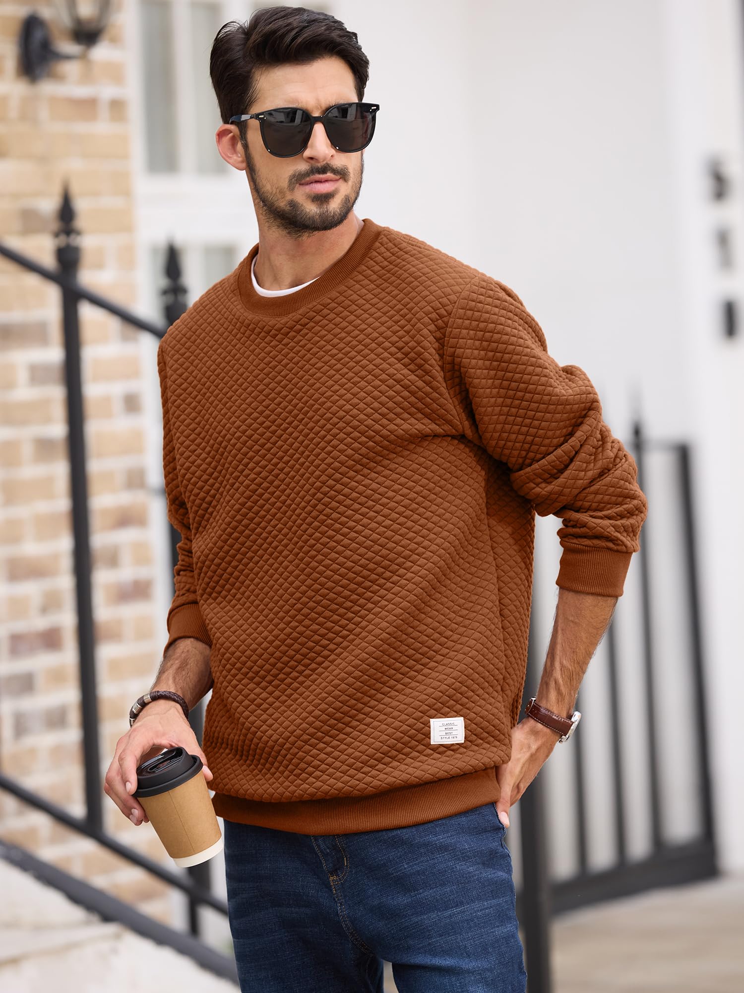 Men's Solid Color Diamond Grid Texture Crewneck Sweatshirt - Long Sleeve Casual Pullover Shirt for Everyday Wear, Street Style & Layering Outfits