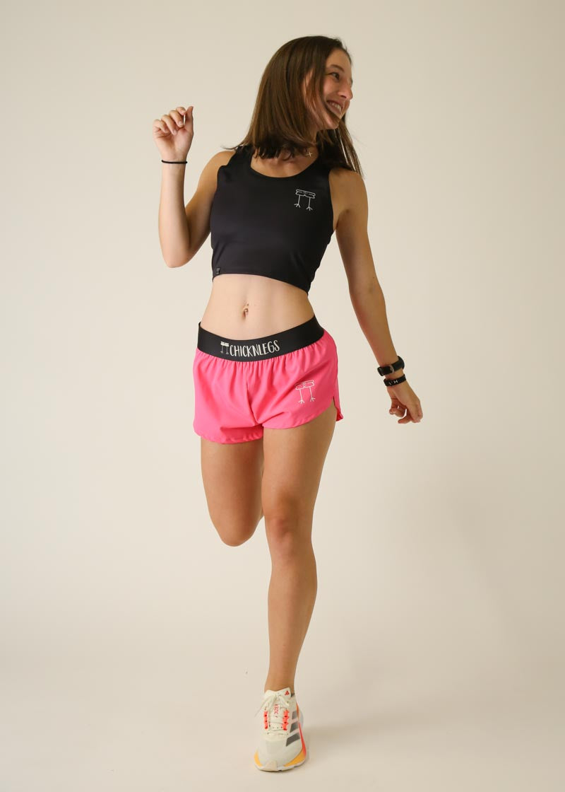 Women's Neon Pink 1.5 Inch Split Running Shorts - High Waist Workout Shorts for Gym, Yoga & Athletic Activities