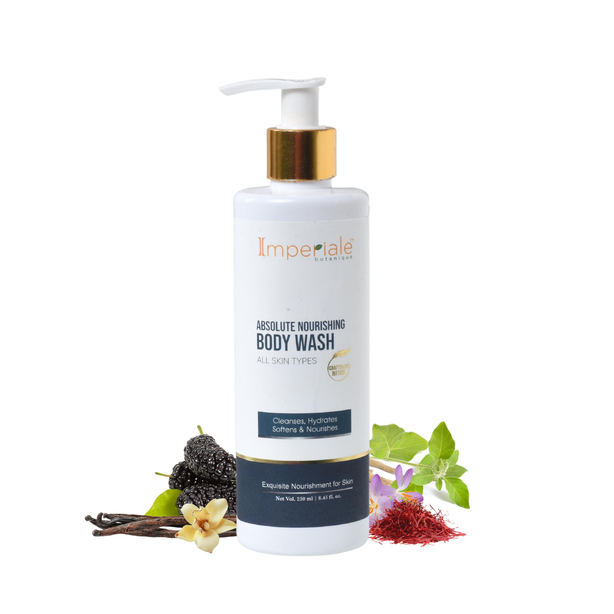Imperiale Botanique Absolute Nourishing Body Wash with Saffron, Niacinamide & Shea Butter - FDA Approved Deep Moisturizing & Skin Softening Body Wash for Women & Men - 250ml Luxurious Herbal Shower Gel for Radiant Smooth Skin - Perfect for Daily Hydration & Spa-Like Bath Experience