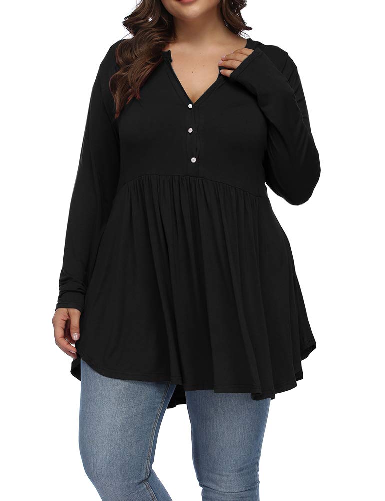 ALLEGRACE Women's Plus Size Henley V-Neck Button Tunic Top - Long Sleeve Flowy Swing Shirt for Casual Wear & Office Outfits