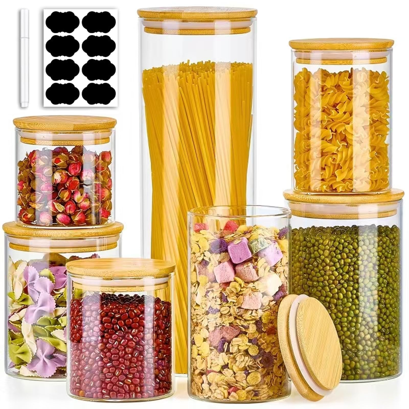 7-Pack Thicker Glass Food Storage Containers with Airtight Bamboo Lids - Clear Pantry Jars for Pasta, Nuts, Coffee, Tea, Spices & Dry Foods - BPA-Free Kitchen Organization Set - Perfect for Meal Prep, Baking & Pantry Storage