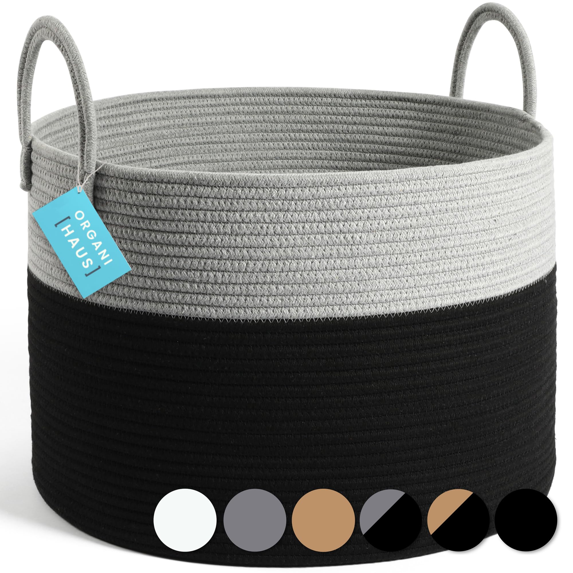 OrganiHaus Gray & Black Woven Storage Basket 20x13 - Large Cotton Rope Basket with Handles for Blankets, Pillows & Laundry | Perfect for Living Room, Nursery & Home Organization