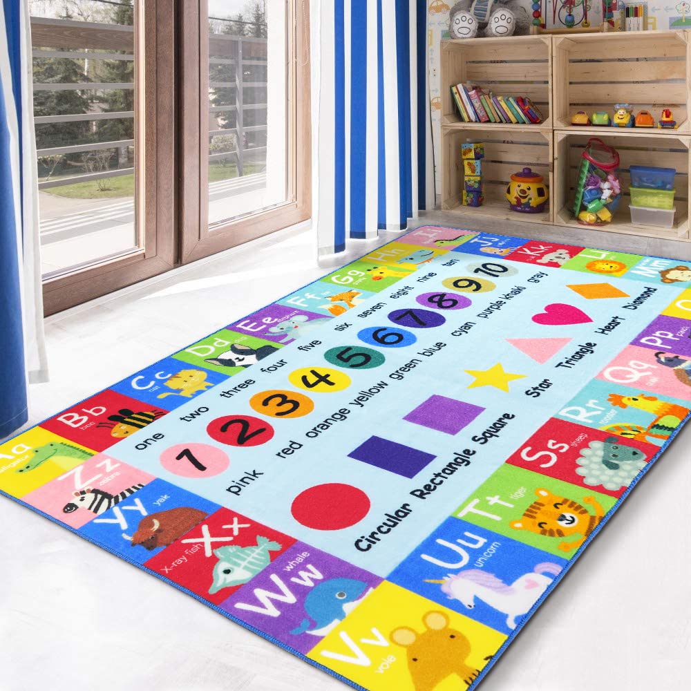 HEBE Kids Play Rug 4' x 6' Washable ABC Alphabet Numbers & Shapes Educational Non-Slip Nursery Rug - Perfect for Playrooms, Bedrooms & Learning Areas | Toddler Play Mat for Early Childhood Development