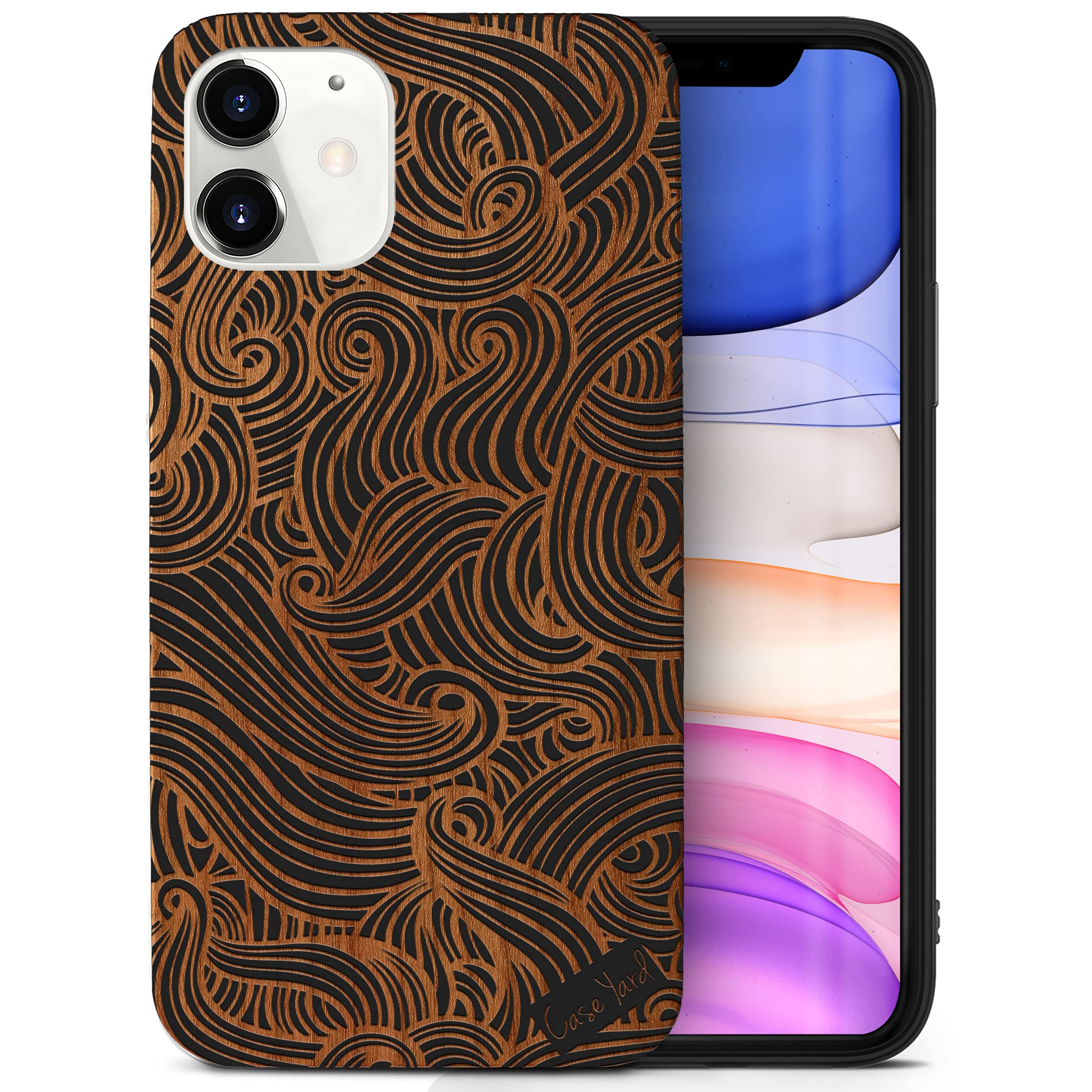 Wooden iPhone 12 Mini Case - Laser Engraved Wave Design, Shockproof Slim Fit Protective Cover for Men & Women | Perfect for Outdoor Adventures, Office Use & Everyday Protection