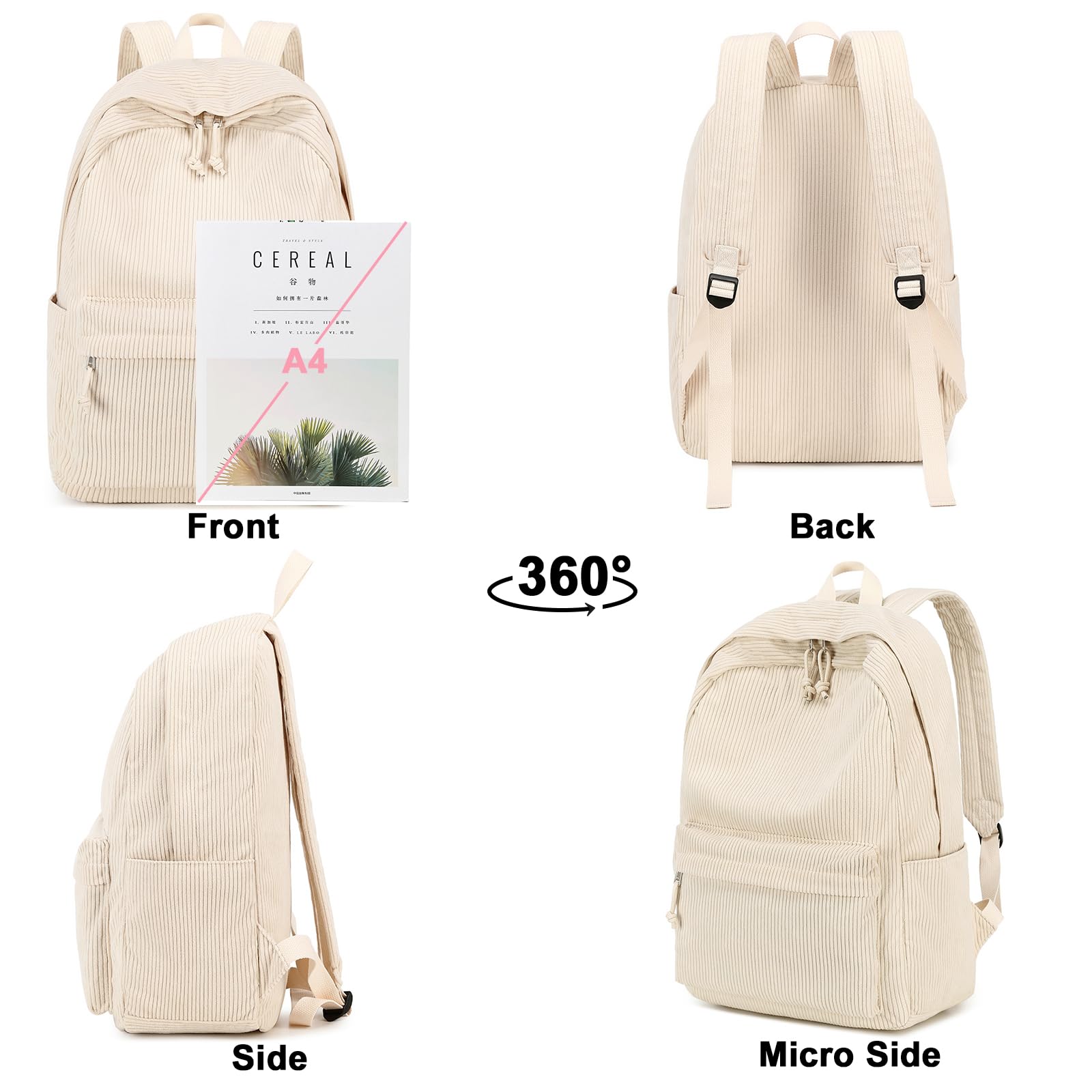 Teen Girls School Backpack - Corduroy Laptop Bag for High School & Travel (Beige) | Stylish & Durable Daypack