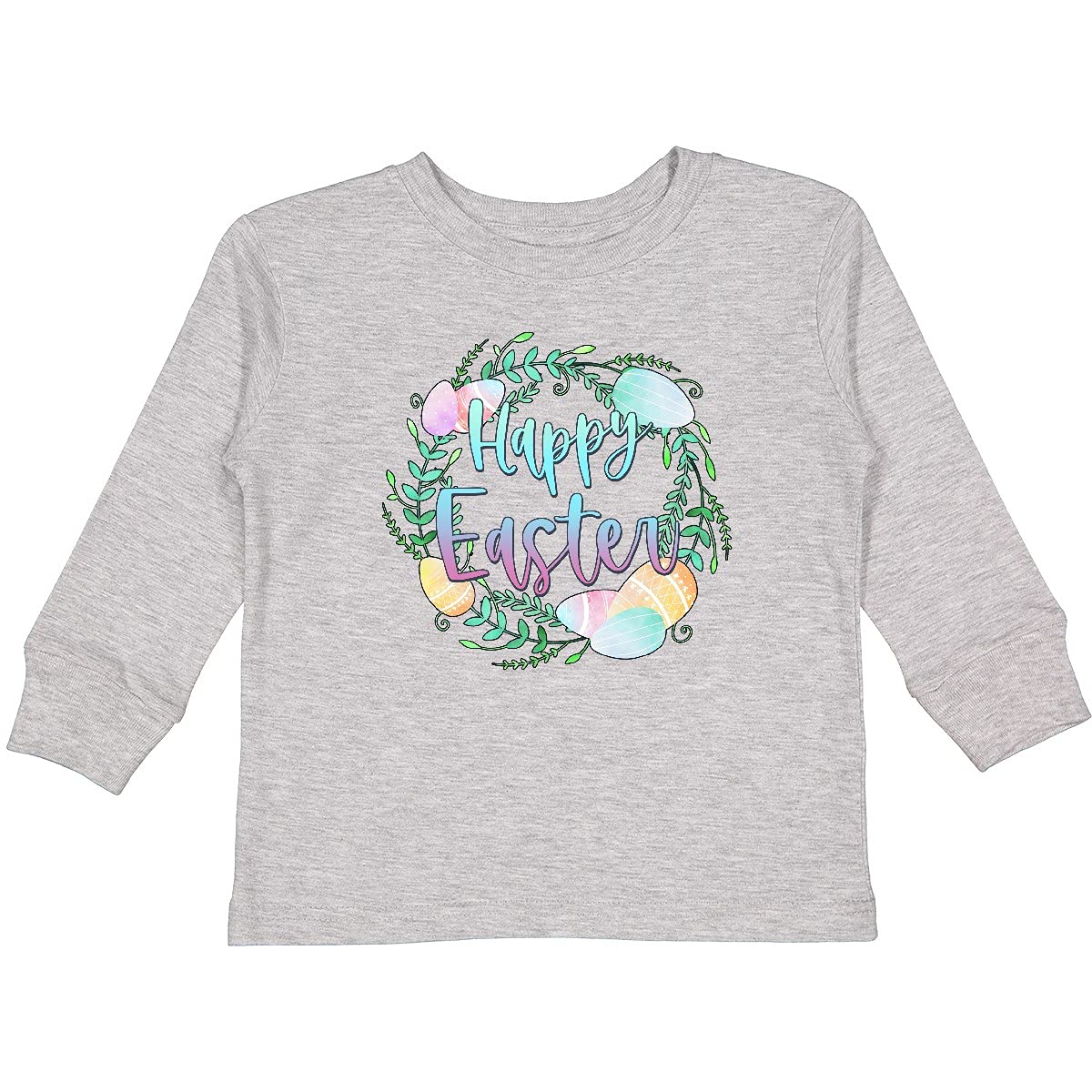 Inktastic Happy Easter Pastel Egg Wreath Toddler Long Sleeve T-Shirt - Cute Easter Outfit for Boys & Girls, Spring Holiday Church Party Family Photo