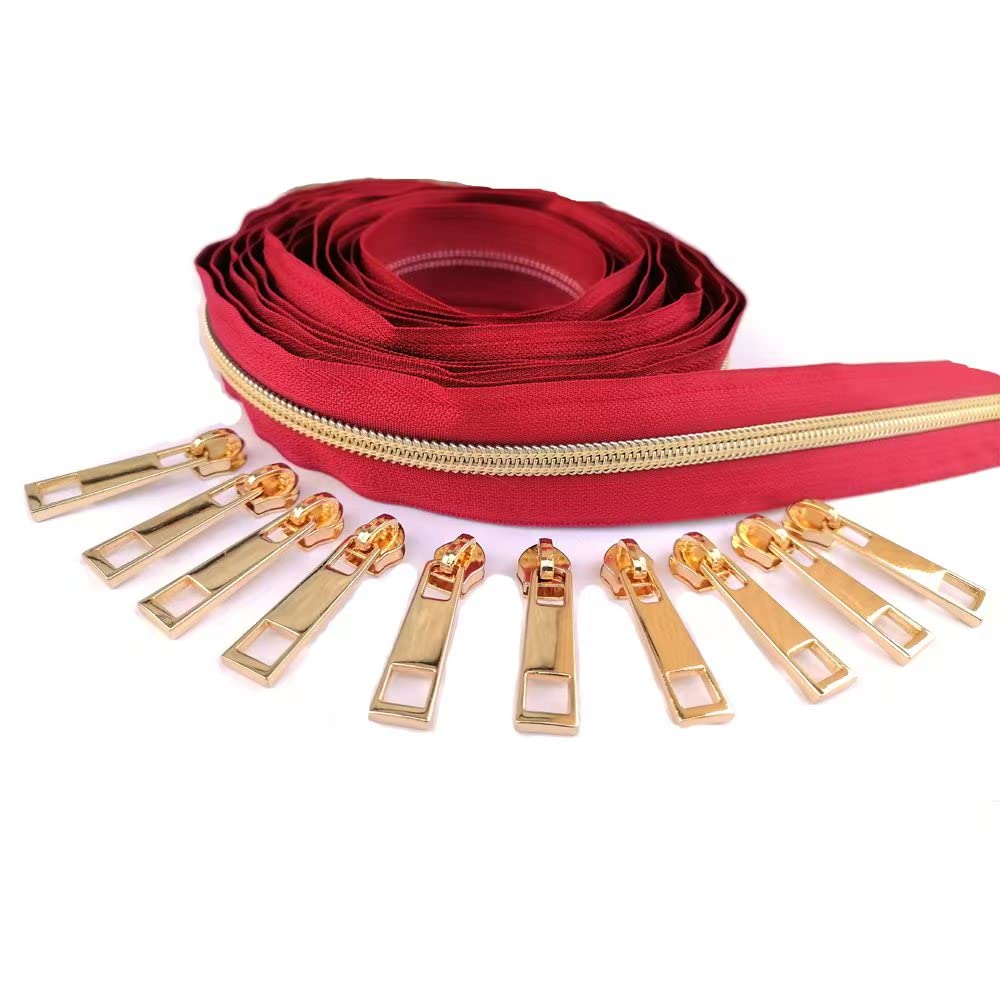 Metallic Nylon Coil Zipper Tape by The Yard - 5 Yards Red Upholstery Zipper with 10 Gold Sliders for DIY Sewing, Tailoring, Craft Bags & Purses (Gold Teeth) | Perfect for Home Decor, Fashion Accessories & DIY Projects