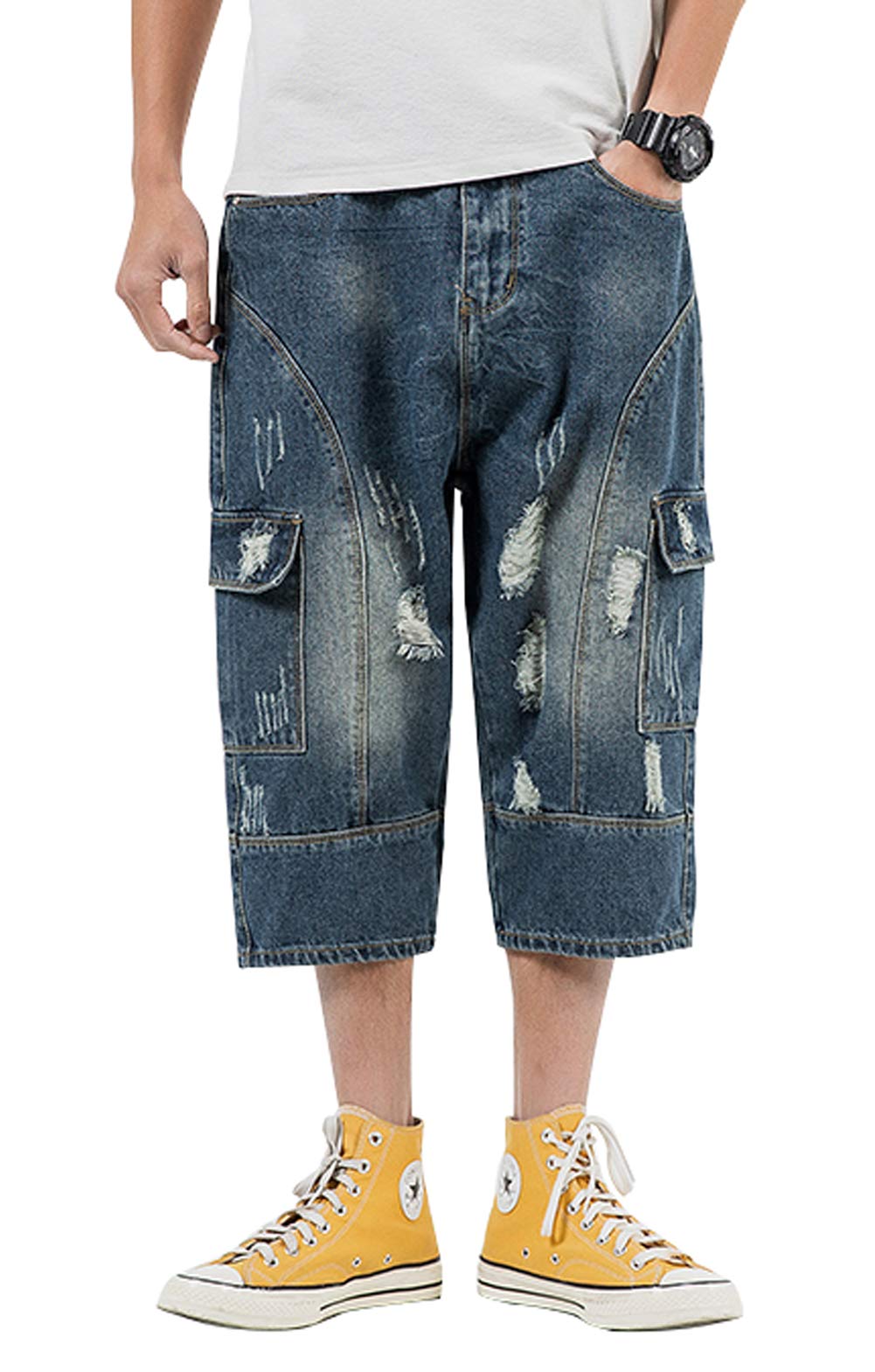 Men's Loose-Fit Ripped Harem Capri Jeans - Baggy Denim Cargo Shorts with Distressed Holes | Casual Streetwear for Summer Outfits & Hip Hop Fashion