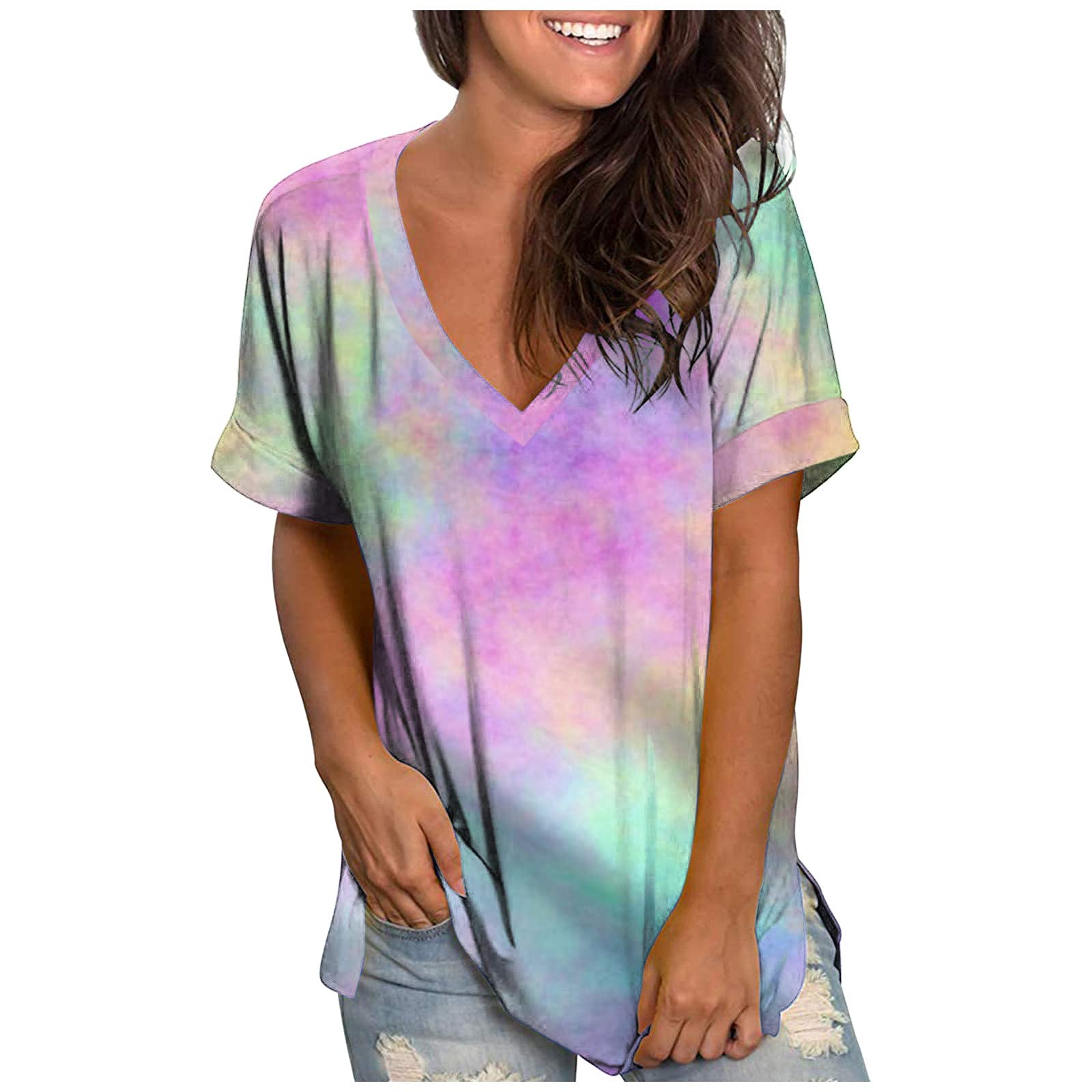 Women's Summer V-Neck Rolled Sleeve Side Split Tunic Tops - Casual Flowy Blouse for Beach, Vacation & Everyday Wear