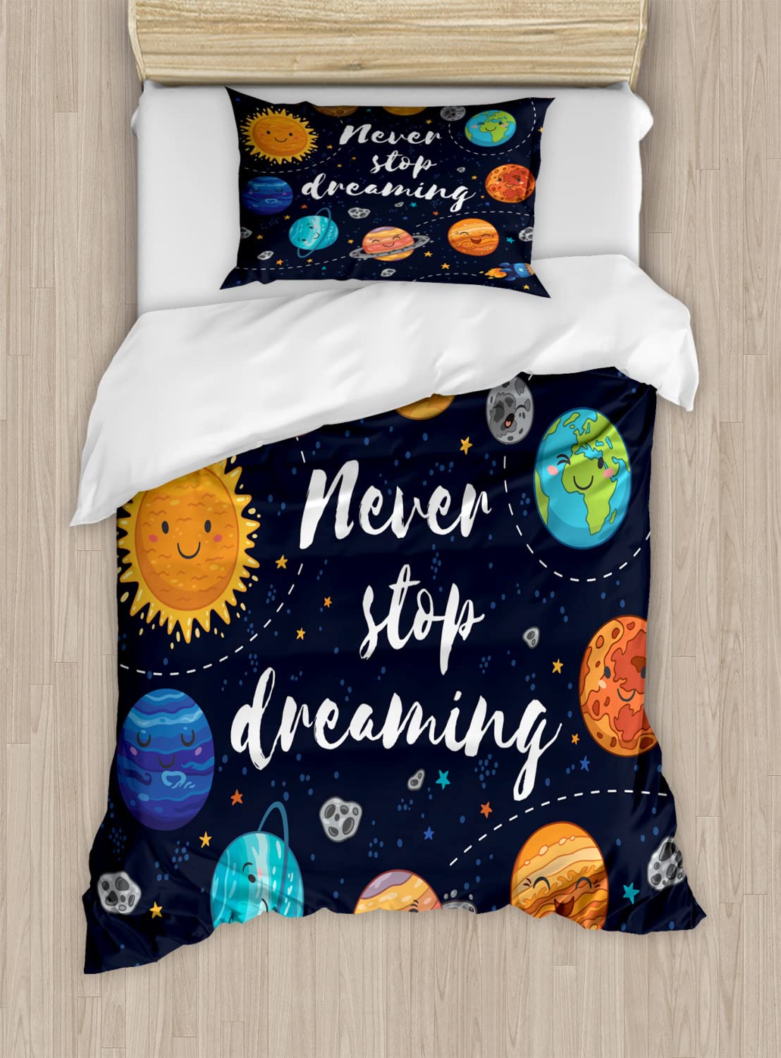 Ambesonne Outer Space Duvet Cover Set - Twin Size 2-Pack with Solar System, Planets, Stars & Moon Design | Navy & Orange Bedding Includes 2 Duvet Covers & 2 Pillowcases | Perfect for Kids' Rooms, Astronomy Lovers & Space-Themed Bedrooms