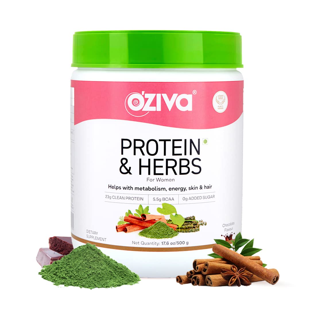 OZiva Women's Protein & Herbs Powder - 23g Whey Protein with Ayurvedic Herbs & Vitamins for Weight Management, Metabolism Boost & Hormonal Balance | 500g Chocolate Flavor | Clean Certified | Perfect for Post-Workout Recovery & Healthy Lifestyle