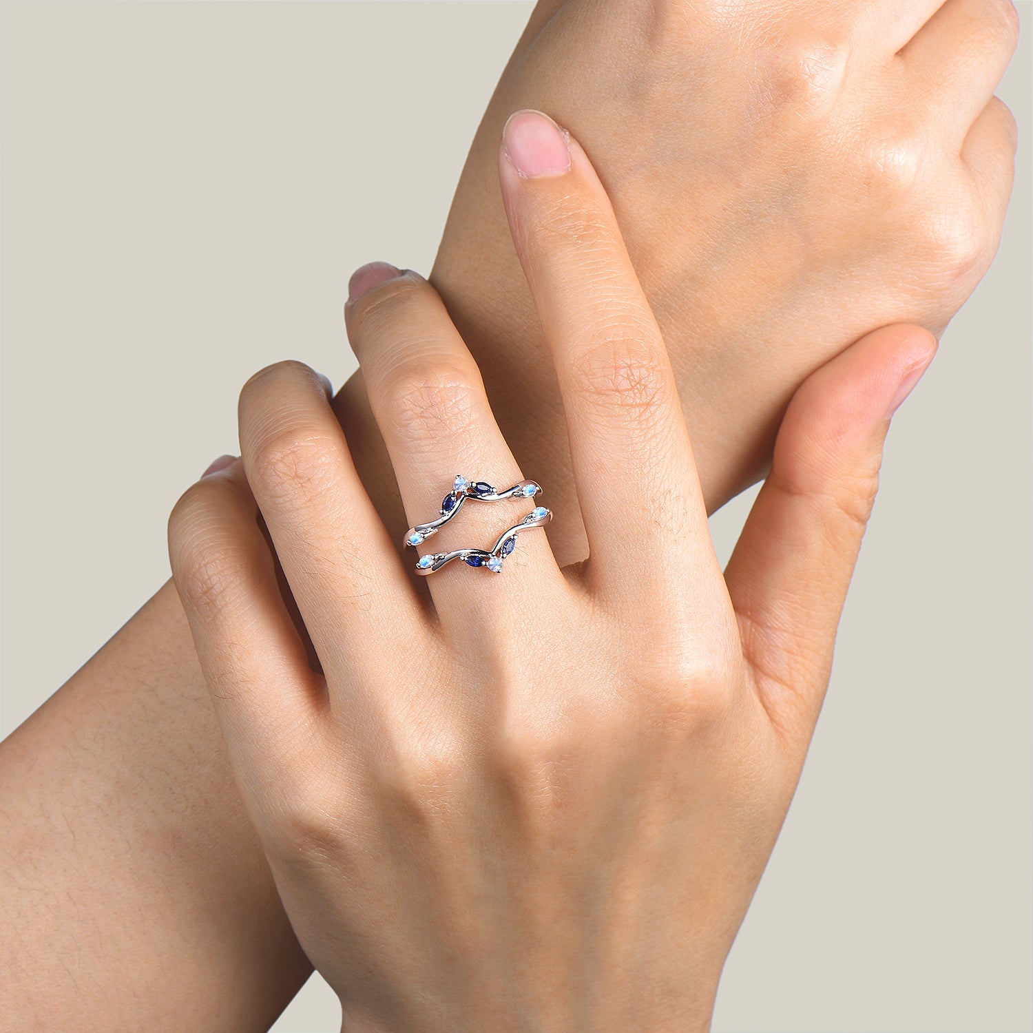 Exquisite Marquise Cut Sapphire & Round Moonstone White Gold Wedding Band Enhancer Ring - Perfect for Bridal Jewelry, Anniversary Gifts & Special Occasions