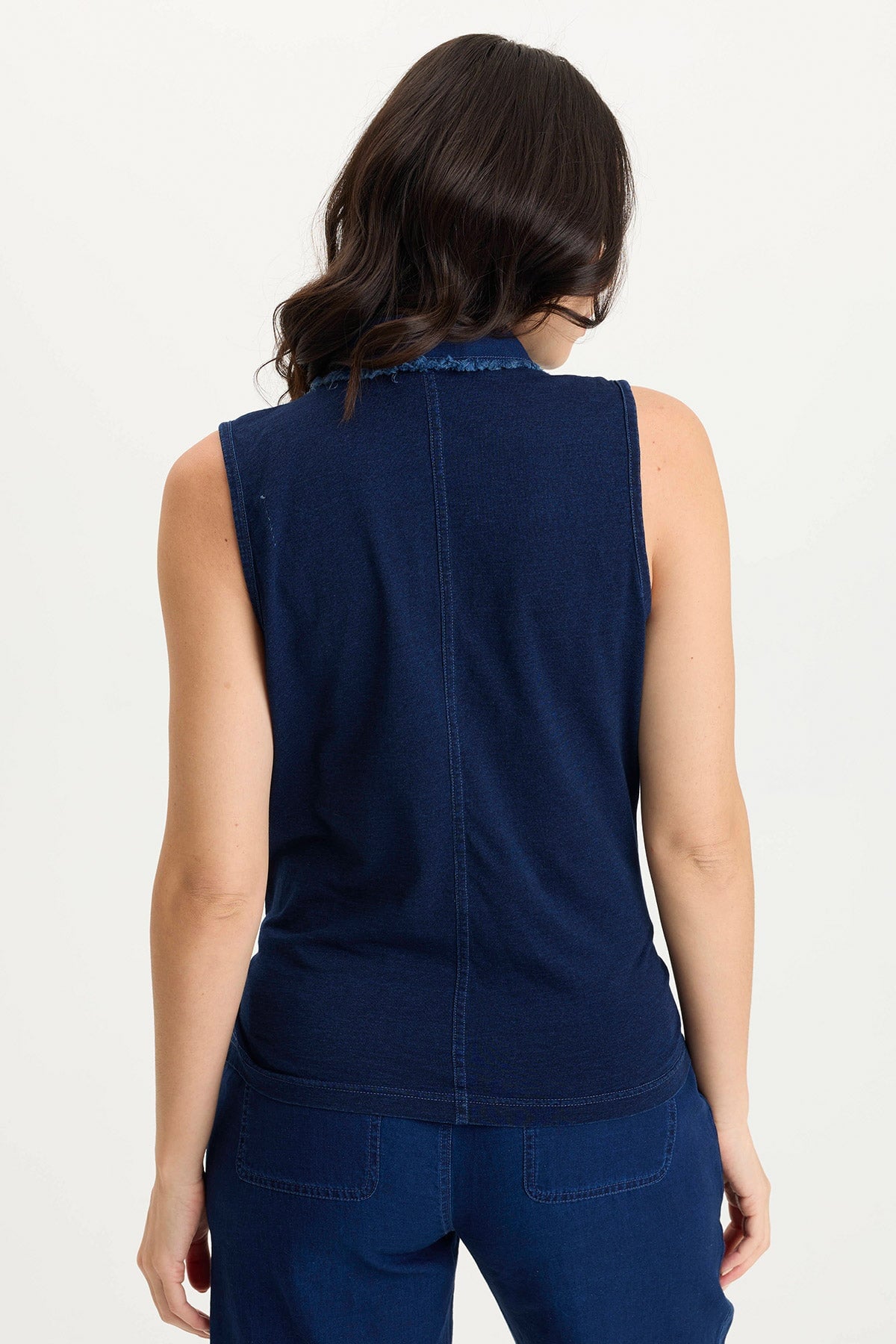 Tague Indigo Twill Knotted High-Low Snap Up Tank Top for Women | Casual Summer Outfit, Beachwear & Layering Staple