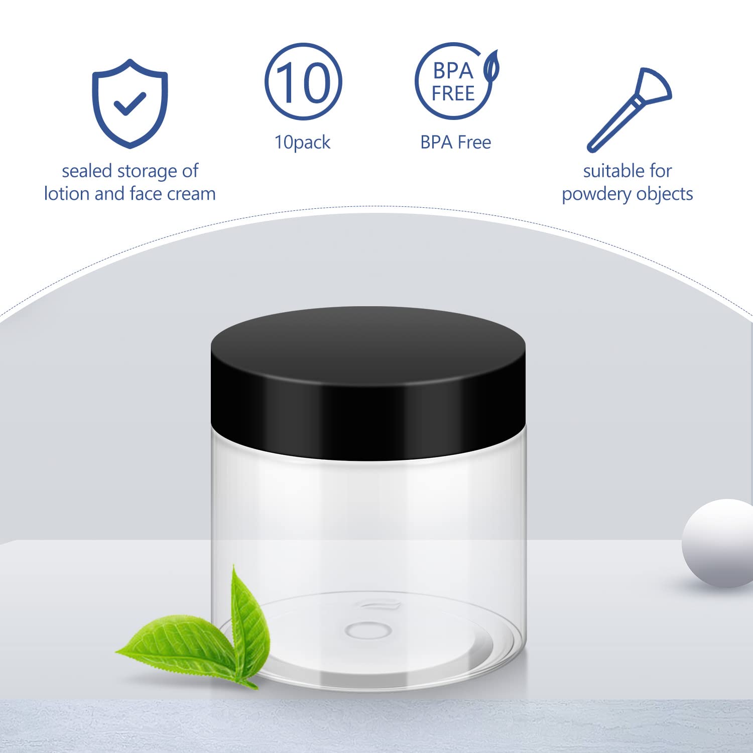 2oz Plastic Jars with Lids - 10 Pack BPA Free Reusable Cosmetic Containers for Bath Salts, Makeup, Powders & Beauty Products | Small Transparent Refillable Storage Jars for Home, Travel & DIY Projects