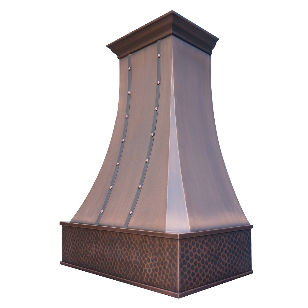 RHM Farmhouse Custom Copper Range Hood with Decorative Bands & Hammered Apron - Professional Kitchen Ventilation for Windy Areas - Perfect for Rustic Kitchens, Chef's Home & Open Concept Designs