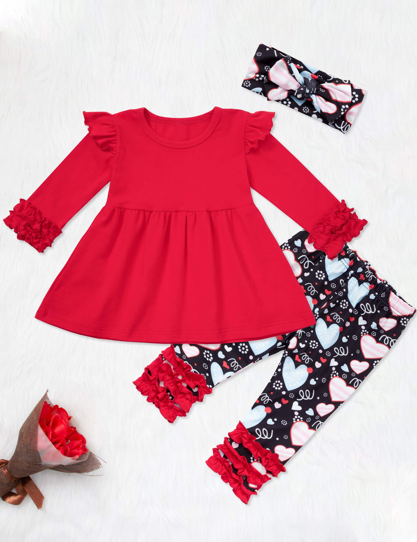 Valentine's Day Baby Girl Outfits 3Pcs Set - Ruffled Long Sleeve Top & Heart Print Pants for Toddlers | Cute Holiday Photo Shoot & Party Wear